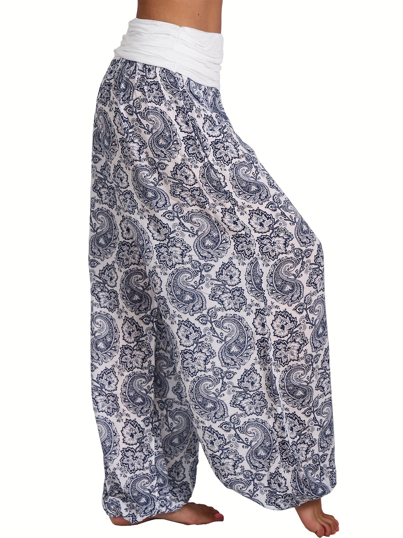 Plus Size Boho Pants, Women's Plus Paisley Print Ruched Loose Fit Medium Stretch Baggy Pants