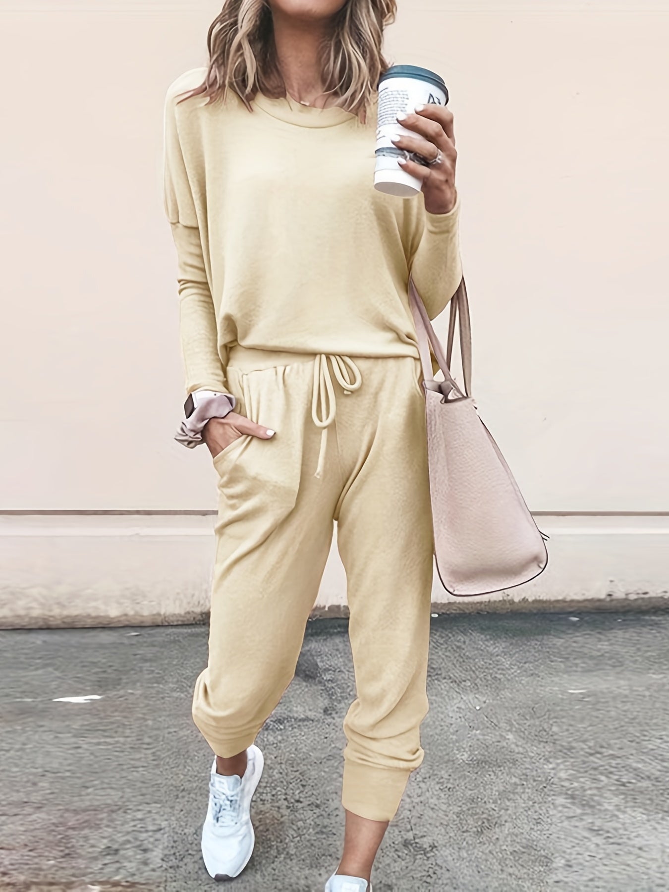 Casual Solid Two-piece Set, Long Sleeve T-shirt & Drawstring Pants Outfits, Women's Clothing