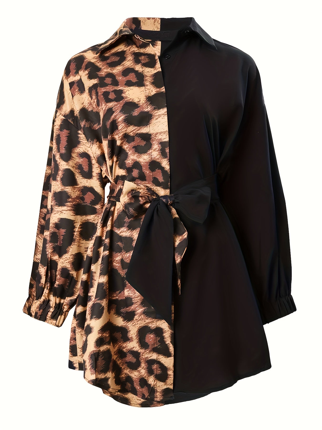 Plus Size Trendy Blouse, Women's Plus Colorblock Leopard Print Long Sleeve Button Up Lapel Collar Tunic Shirt Top With Belt