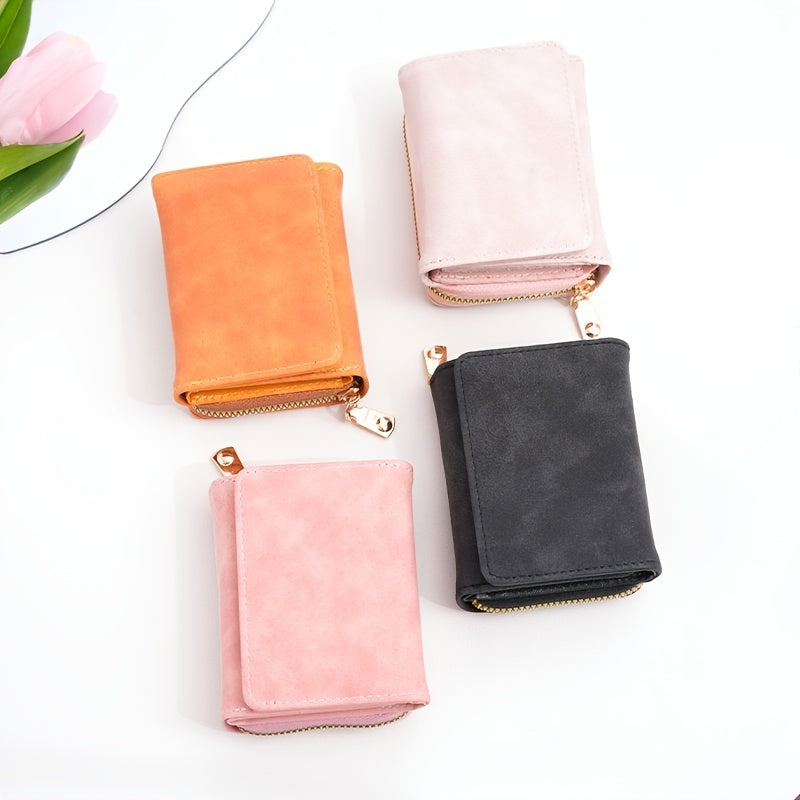 Snap Button Small Wallet, Cute Fold Faux Leather Wallet With Card Slots & Zipper Pocket