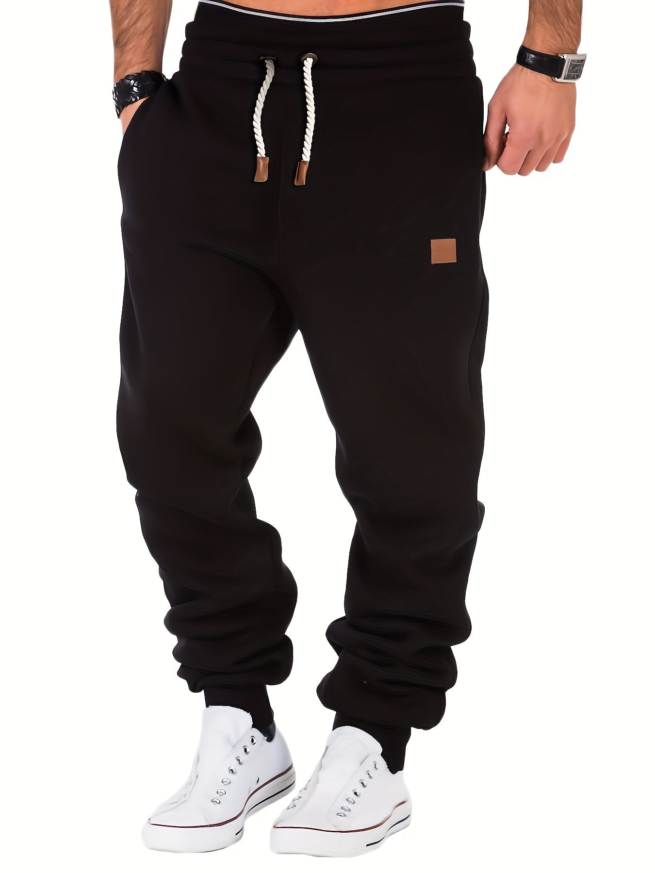 Classic Design Tapered Joggers, Men's Casual Loose Fit Slightly Stretch Waist Drawstring Pants For Fall Winter Fitness Cycling