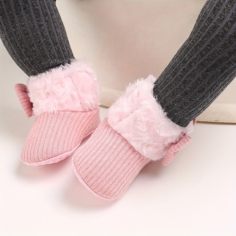 Cute Bowknot Comfortable Boots For Baby Boys And Girls, Soft Warm Plus Fleece Boots For Indoor Walking, Winter