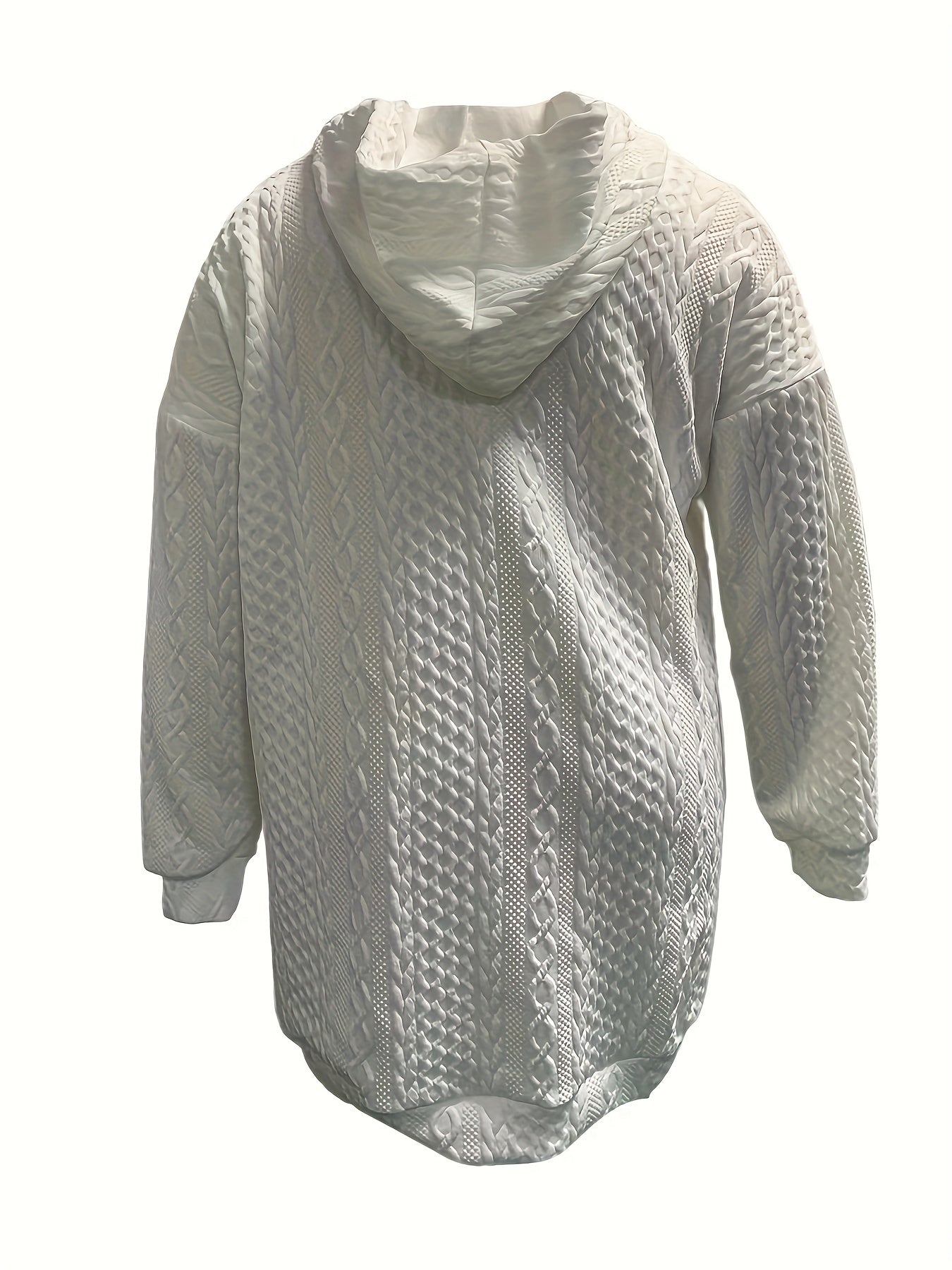 Plus Size Casual Sweatshirt, Women's Plus Solid Cable Long Sleeve Drawstring Hooded Henley Sweatshirt Dress