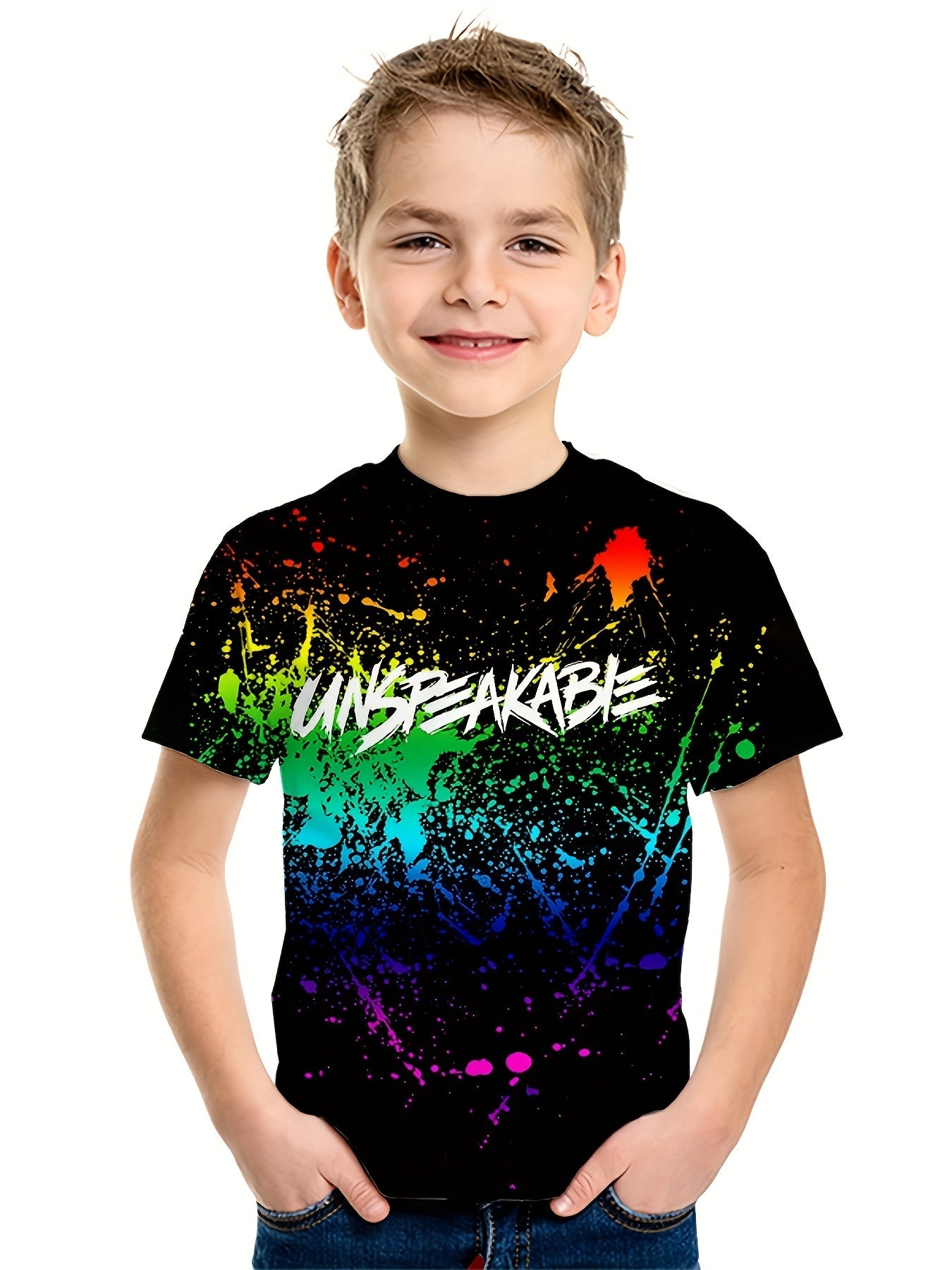 Paint Splash Pattern Kid's T-shirt, UNSPEAKABLE Print Casual Short Sleeve Top, Unisex Tee, Girl's & Boy's Clothes For Summer