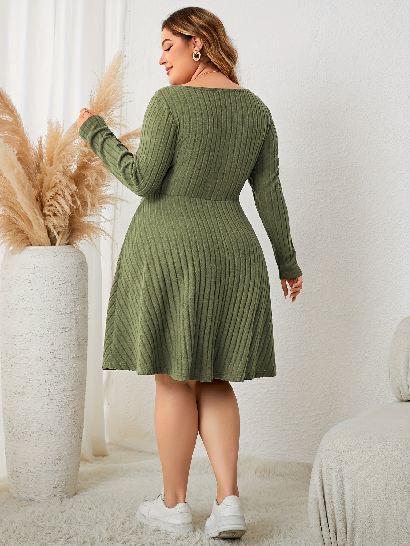 Plus Size Casual Dress, Women's Plus Solid Ribbed Ruched Tie Front Long Sleeve V Neck Knee Length Dress