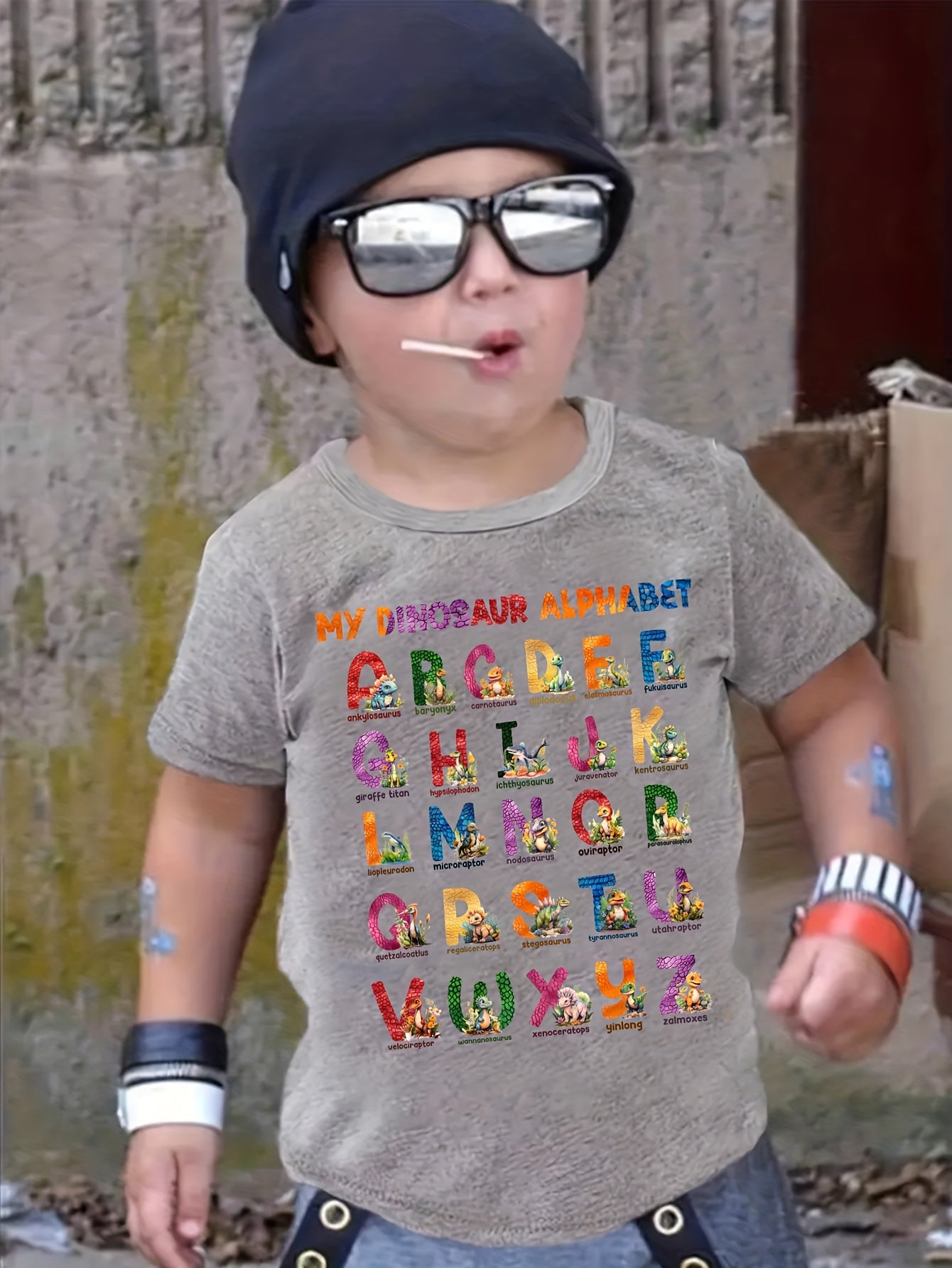 Fancy ''My Dinosaur Alphabets'' Print Boys Crew Neck T-Shirt Lightweight & Comfortable Fit Short Sleeve Tee Top For Toddler Kids
