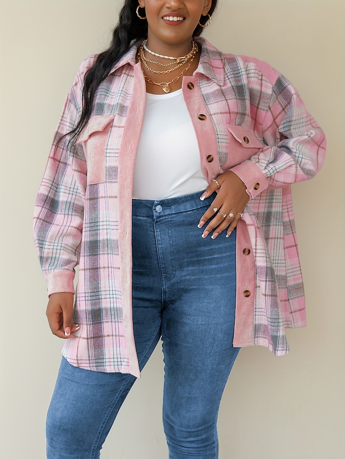 Plus Size Casual Blouse, Women's Plus Plaid Print Button Up Lantern Sleeve Turn Down Collar Tunic Shirt With Flap Pocket