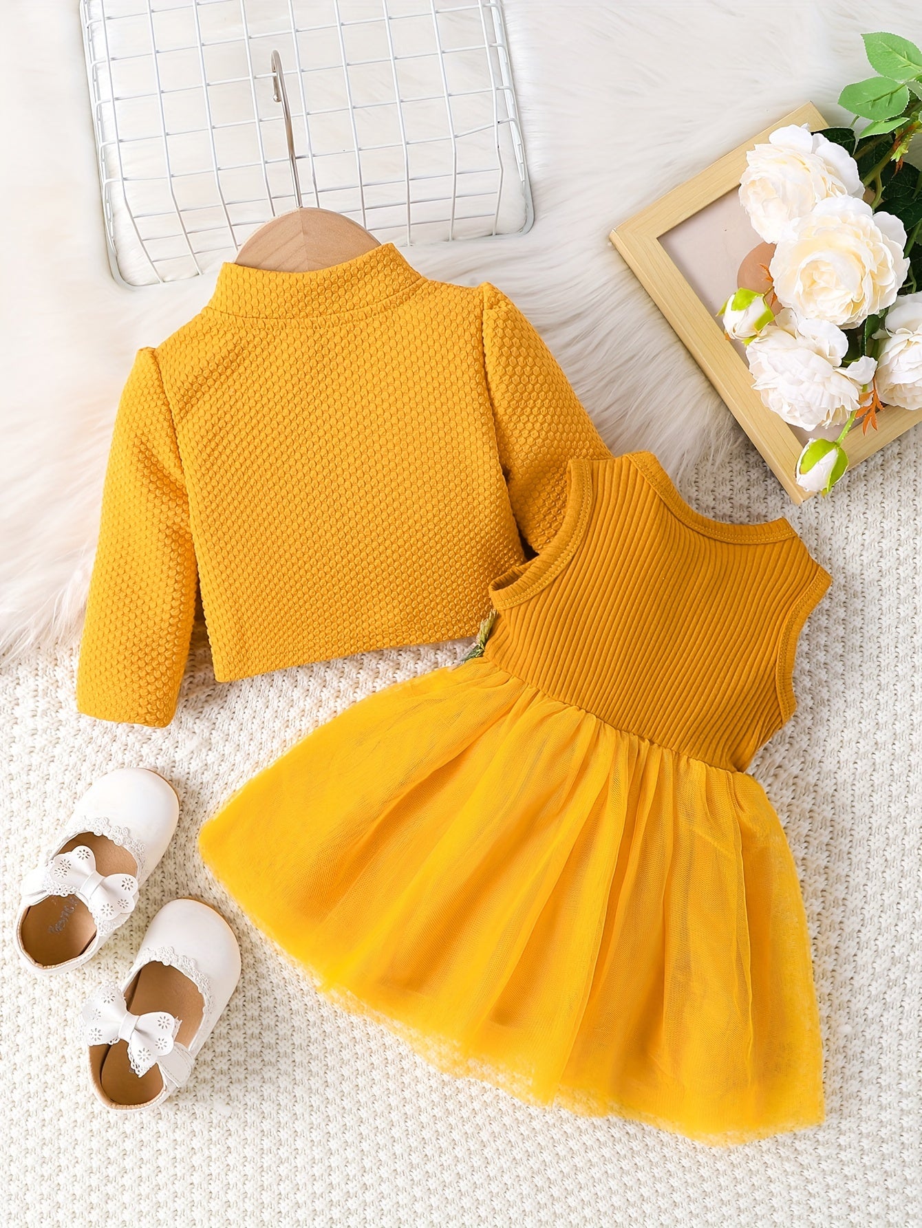 Sweet & Cute Infant Baby Girls Casual Dress Up, Single Breasted Long Sleeve Top Sleeveless Mesh Splicing Vest Skirt Set