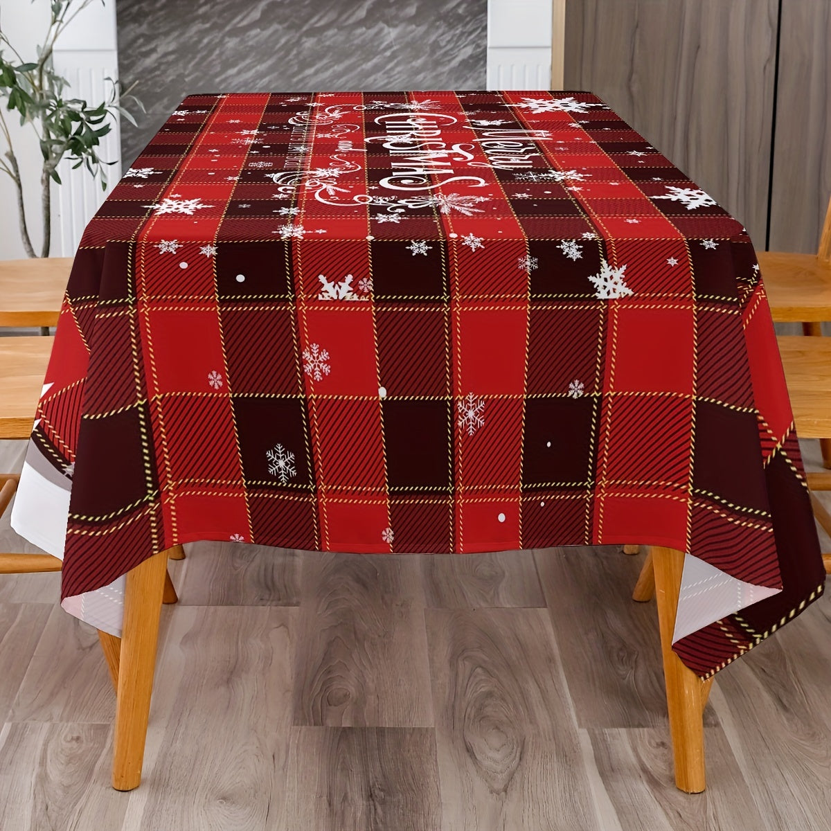 1pc, Polyester Table Cloth, Merry Christmas Table Cover, Red Black Plaid Snowflake Pattern Table Cover, Christmas Atmospheric Tablecloth, Holiday Desktop Decoration Fabric Table Cloth, Home Decoration, Christmas Decor, Gift