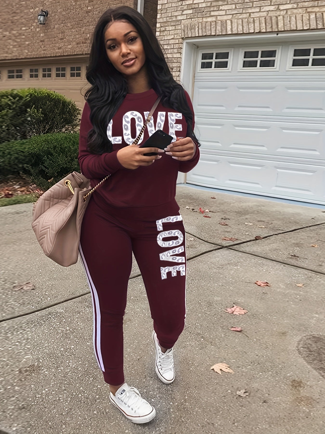 Women's Sports Two-piece Set, Love Letter Print Long Sleeve Top & Pants For Fall & Winter, Women's Clothing