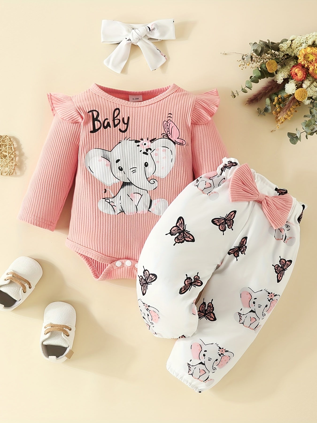 3pcs Cute Elephant Butterfly Graphic Long Sleeve Triangle Romper & Bow Pants & Free Headband Set, Baby Girl's Lovely Casual Outfits Of Multicolor Options