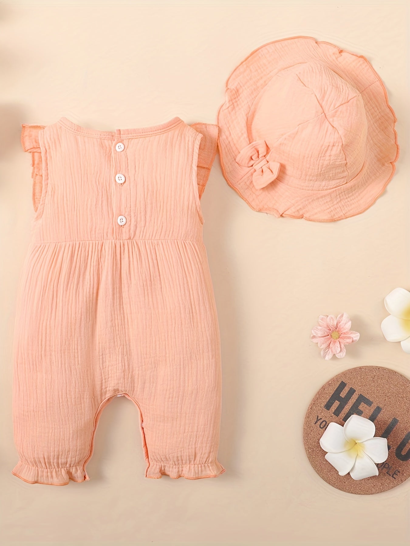 Stay Cool In Summer: 2pcs Baby Girl's Cotton Romper With Hat Set
