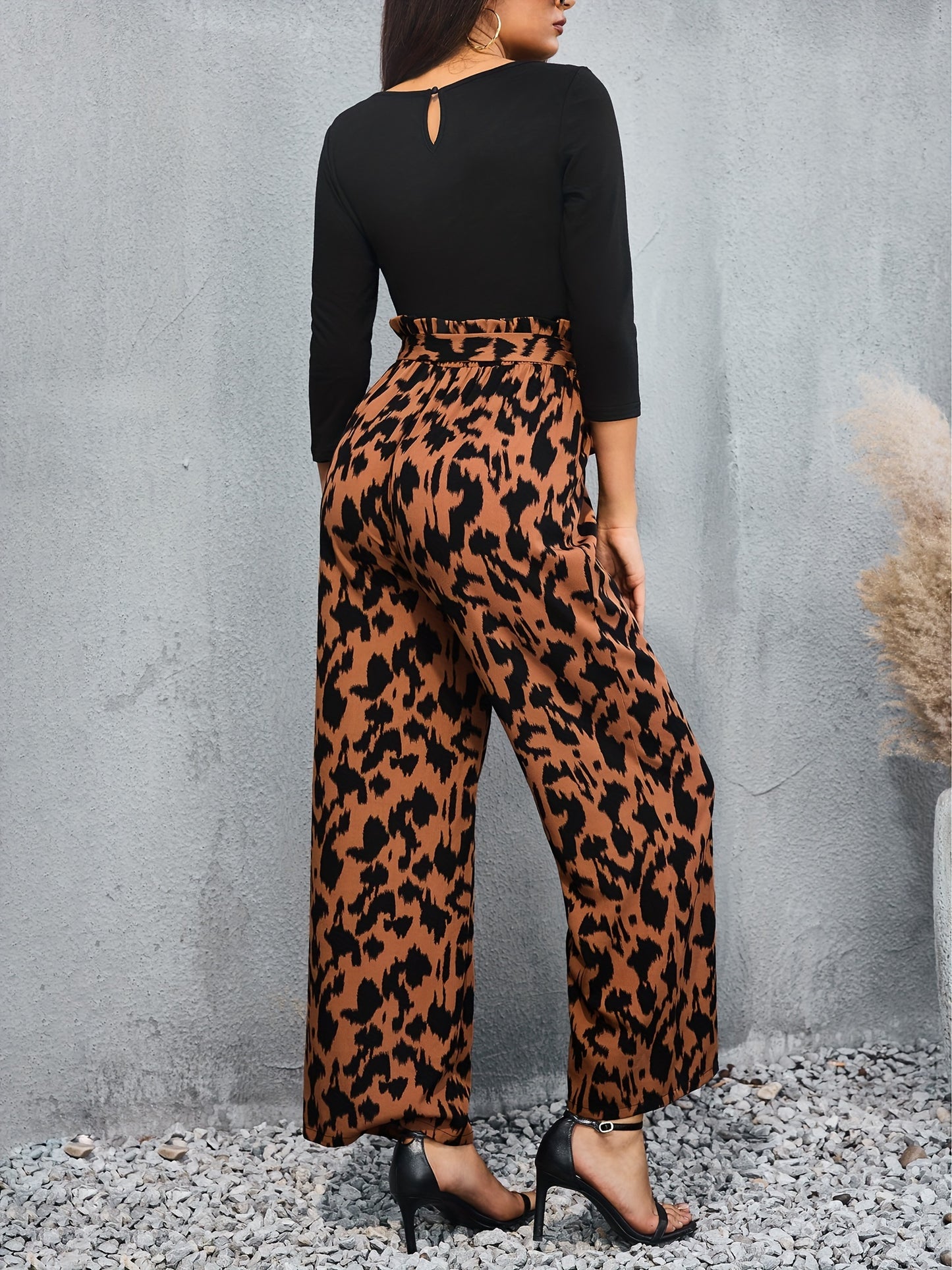 Leopard Print Splicing Jumpsuit, Casual 3/4 Sleeve Wide Leg Pants, Women's Clothing