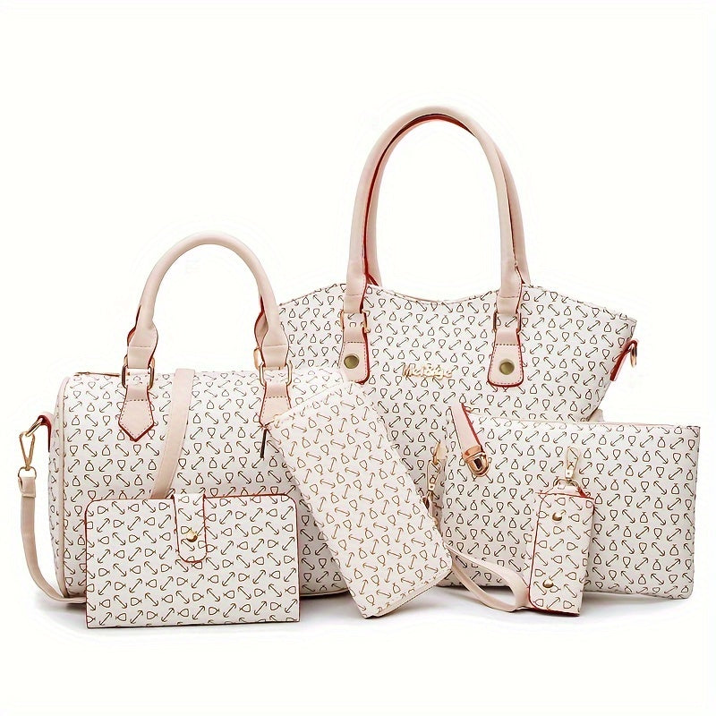 6pcs Geometric Pattern Tote Bag Set, Fashion Faux Leather Handbag & Crossbody Bag & Clutch Wallet & Wristlet & Key Case