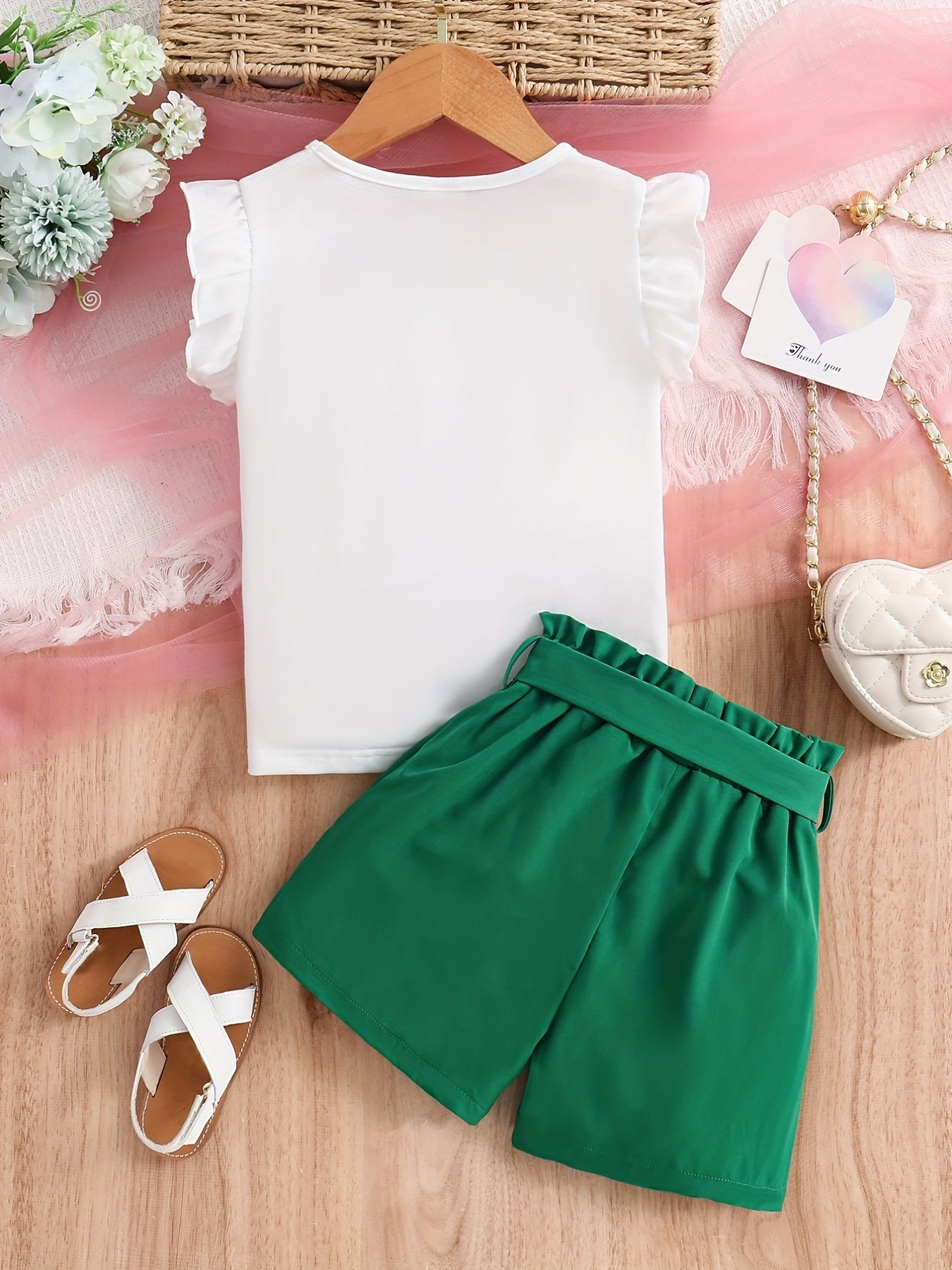 2pcs Girls Daily Casual Heart Print Crew Neck Sleeveless Top & Bow Shorts With Belt For Summer Kids Clothes