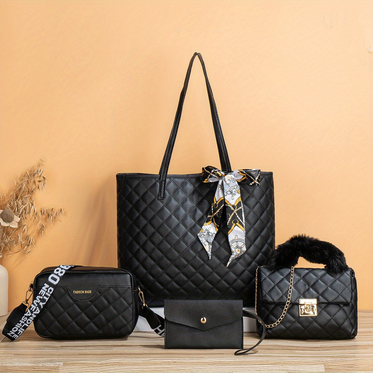 4 Pcs Quilted Detail Bag Sets, Solid Color Tote Bag With Shoulder Chain Bag & Purse & Crossbody Bag, Classic Bags With Scarf Decor