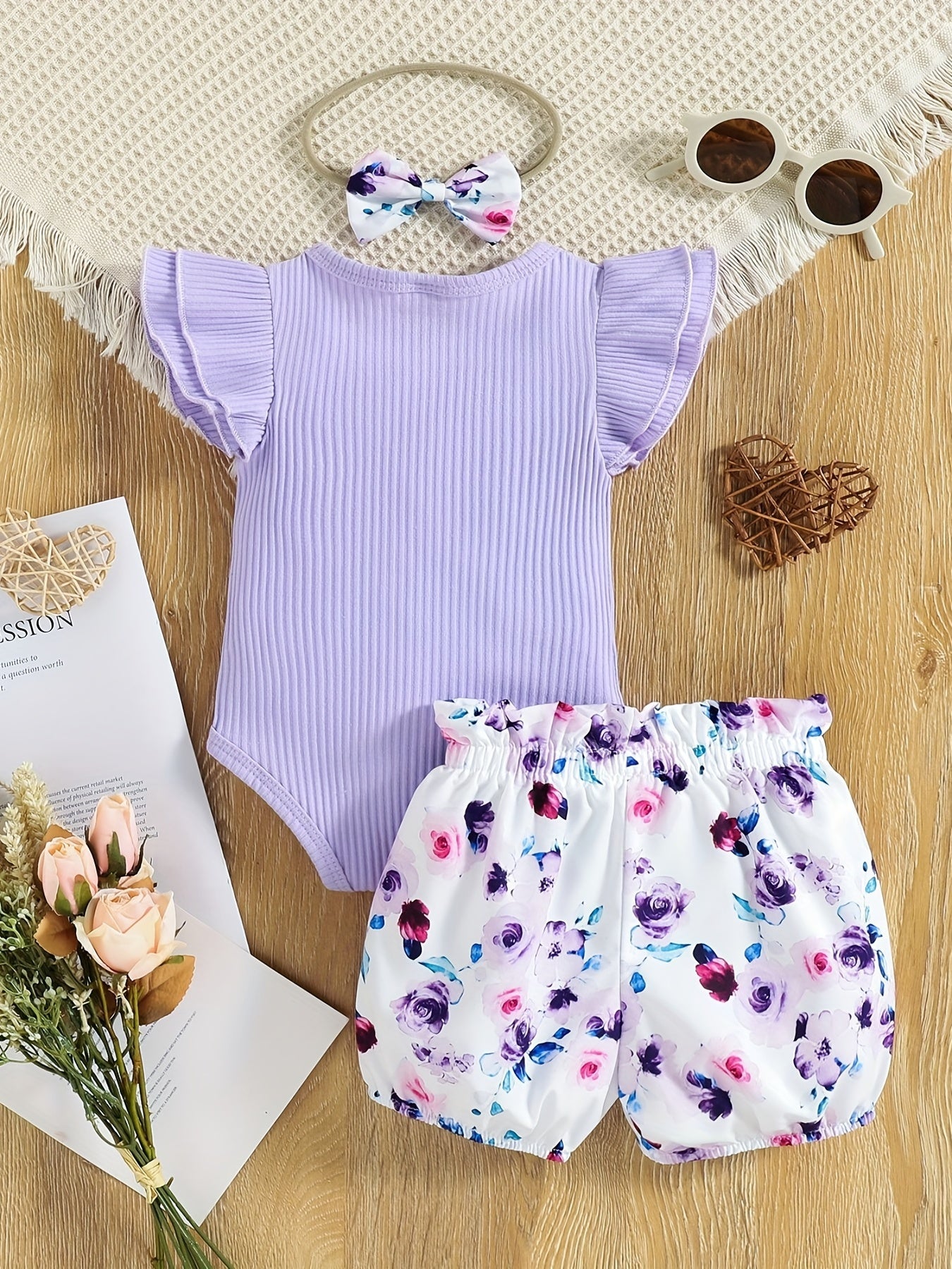 3pcs Baby Infant Girls Cute "Auntie Is My Bestie" Ruffle Sleeve Onesie & Bowknot Floral Shorts & Headband Set Clothes
