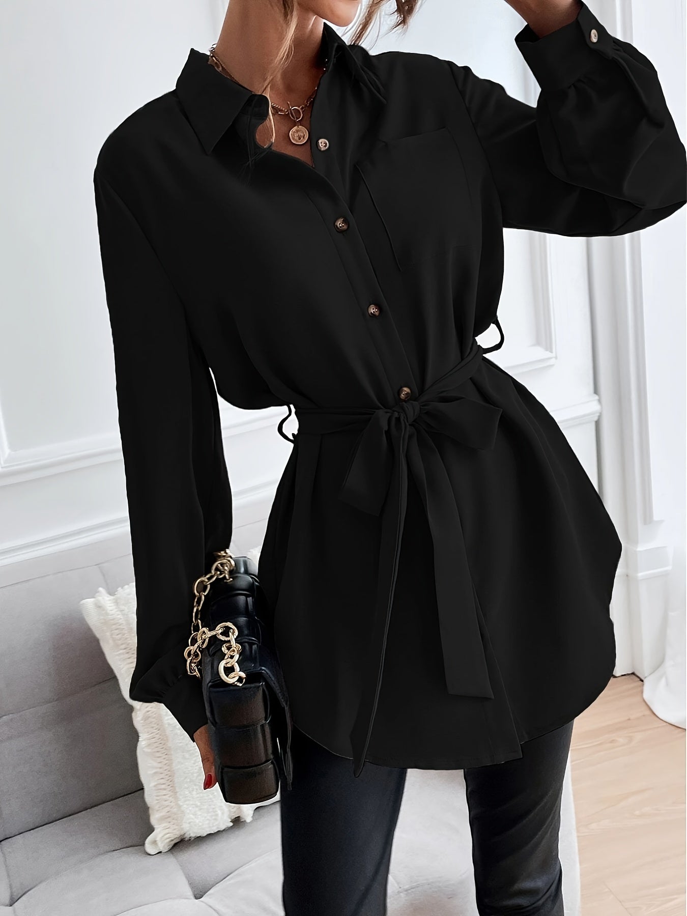 Button Front Basic Shirt, Casual Solid Long Sleeve Shirt, Women's Clothing