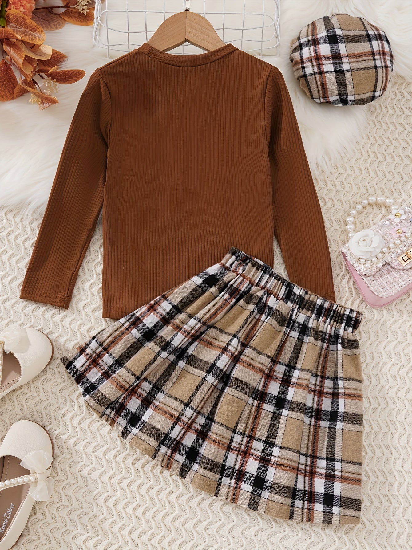 Girls 3pcs Ribbed Knit Long Sleeve Top & Plaid Pleated Skirt & Plaid Beret Set Kids Clothes For Party, Gift