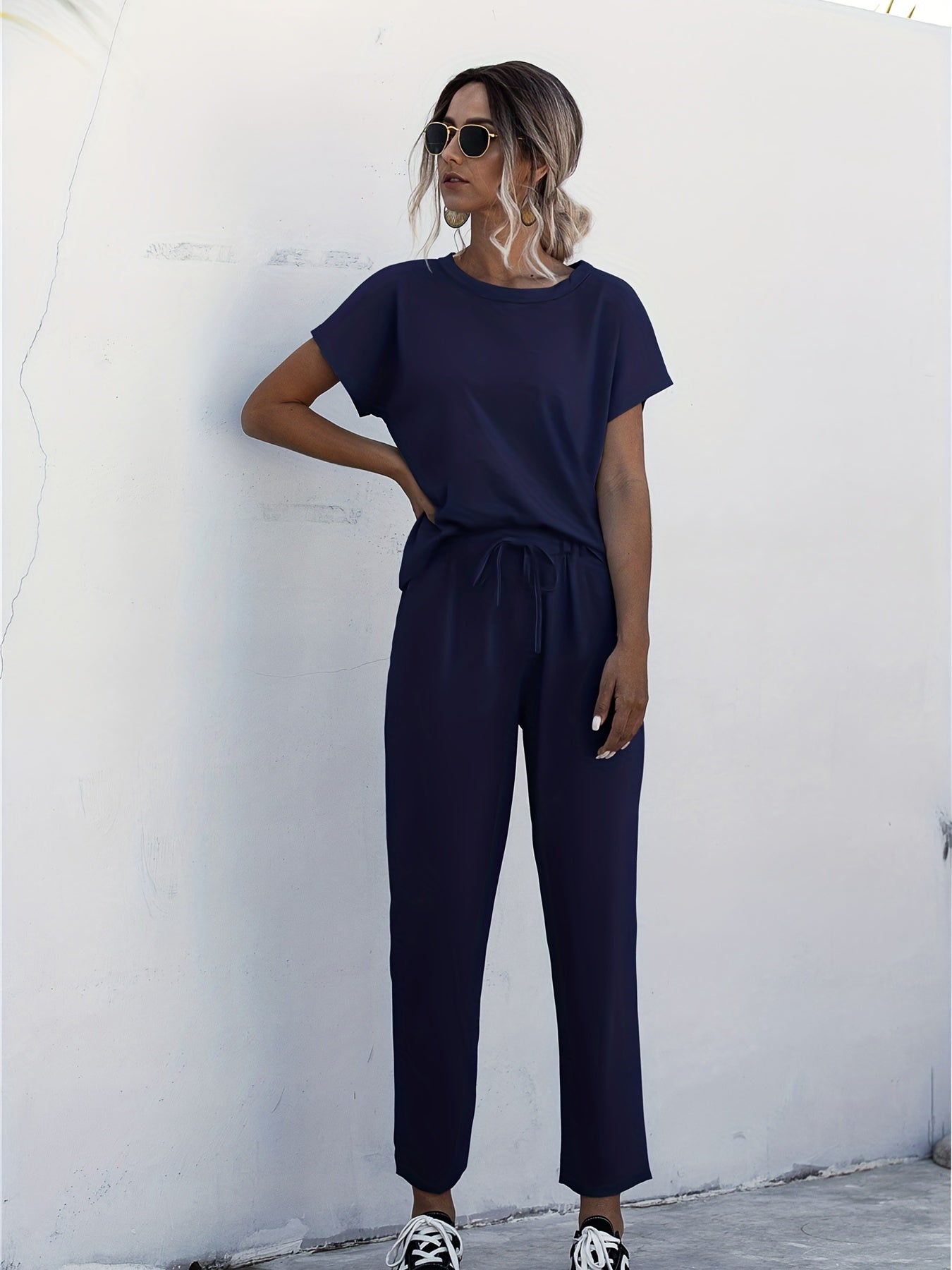 Casual Solid Pantsuits Two-piece Set, Short Sleeve Round Neck Tops & Drawstring Cropped Pants Set, Women's Clothing