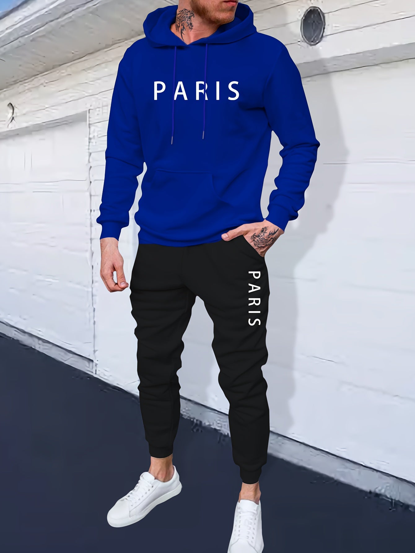 Casual 2pcs Set, Men's "Paris" Print Hoodie & Drawstring Sweatpants Matching Set For Fall Winter