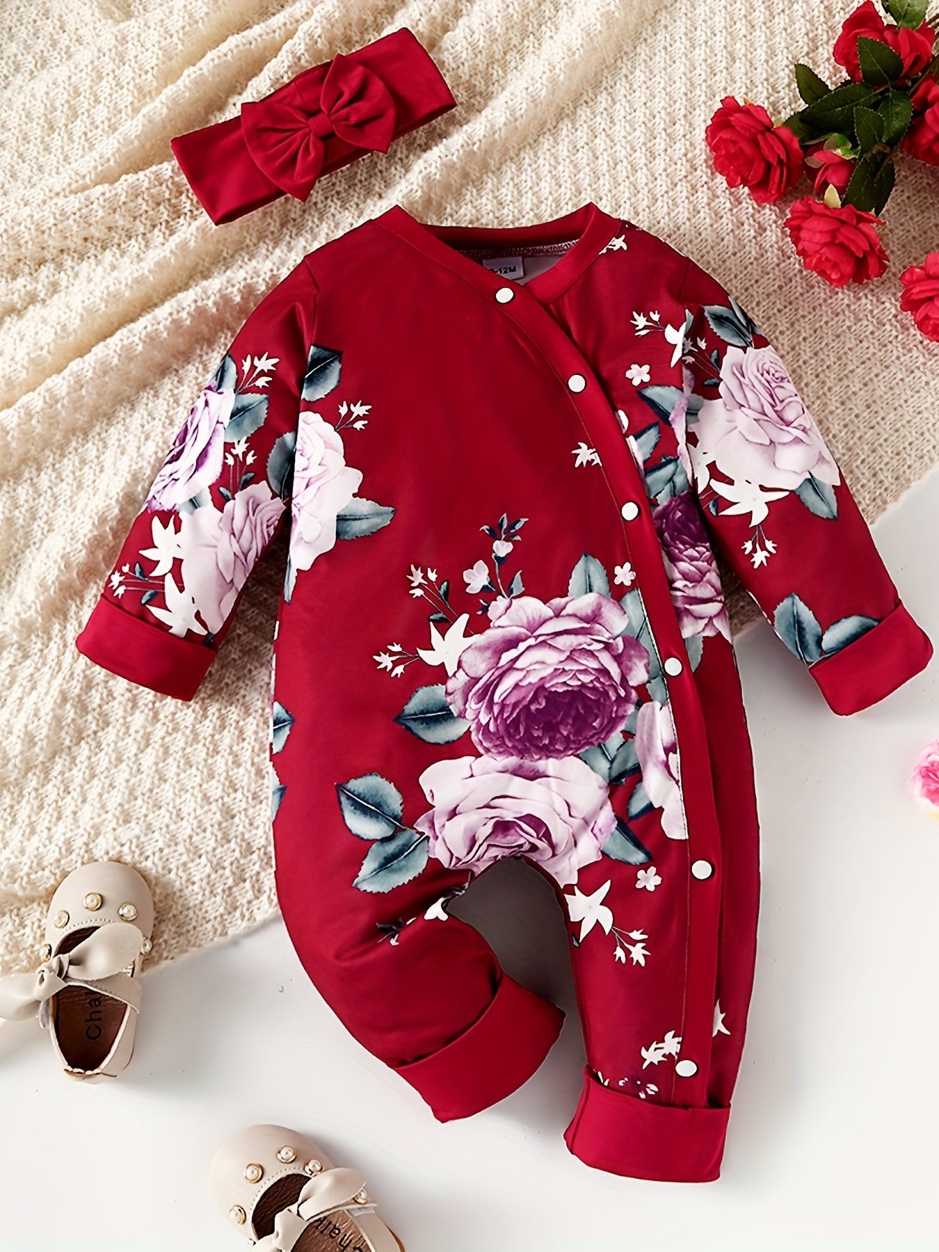 2pcs Baby Girls Floral Graphic Long Sleeve Romper & Headband Set