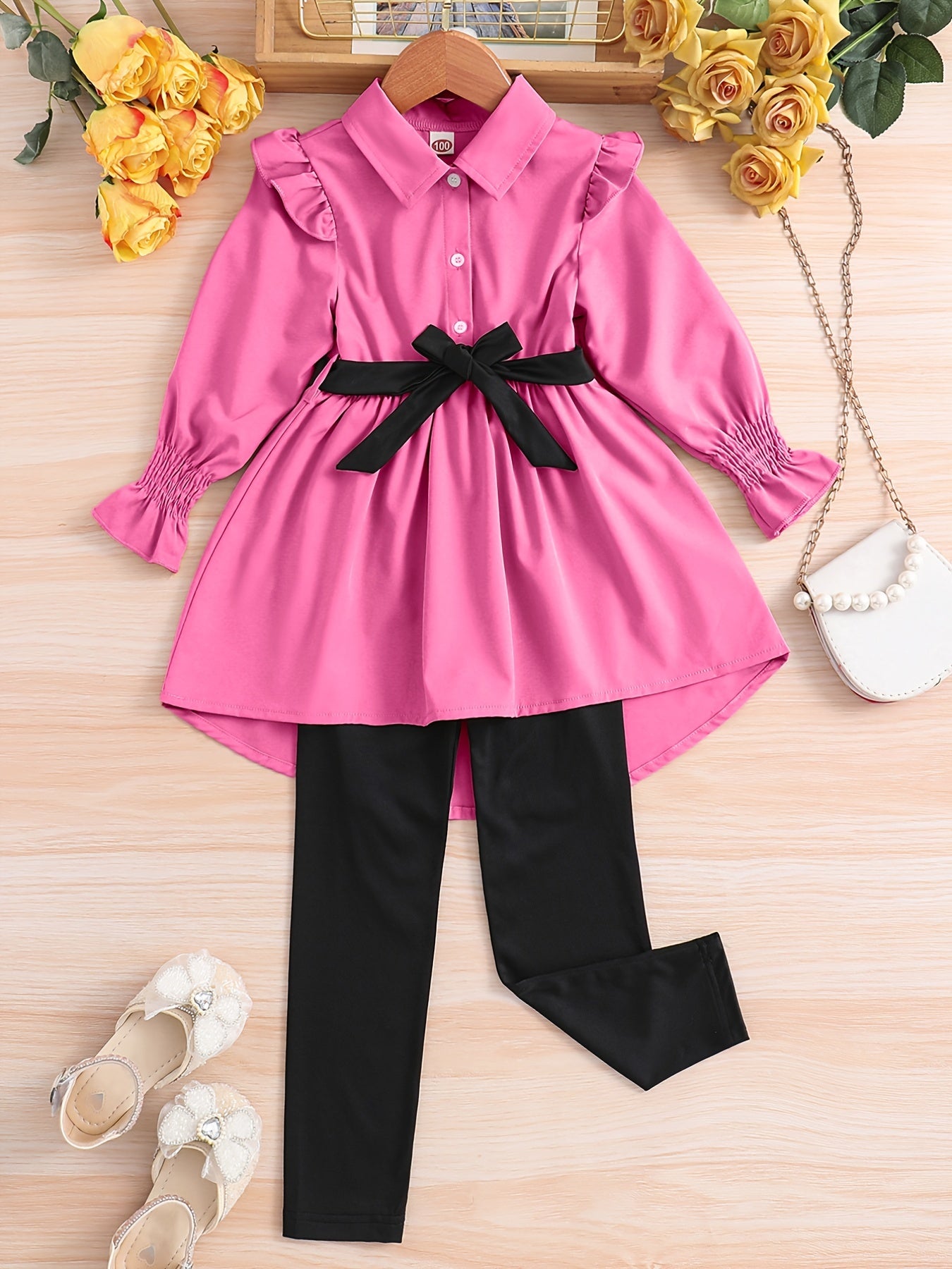 Lapel Long Sleeve Top & Trousers With Belt Girl's Two-piece Set, Spring And Autumn Daily Casual Outwear Clothes