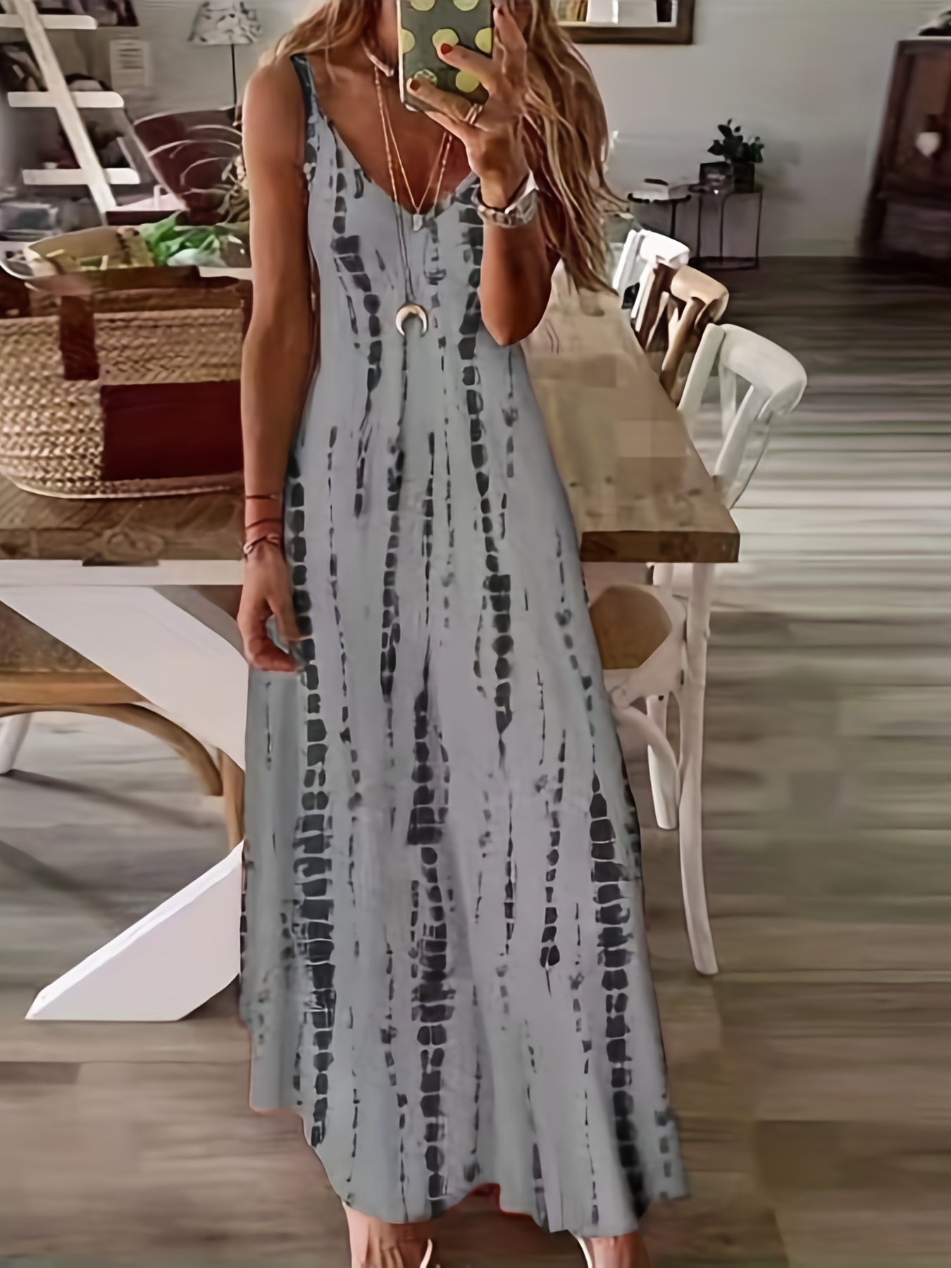 Plus Size Boho Dress, Women's Plus Tie Dye V Neck Medium Stretch Maxi Cami Dress