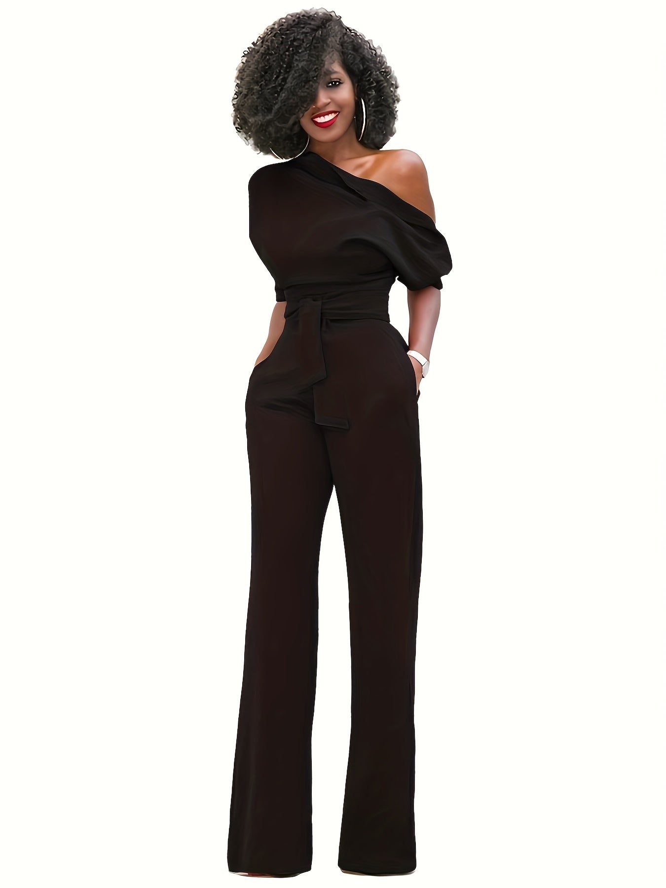 Solid Slanted Shoulder Jumpsuit, Casual High Waist Wide Leg Jumpsuit, Women's Clothing