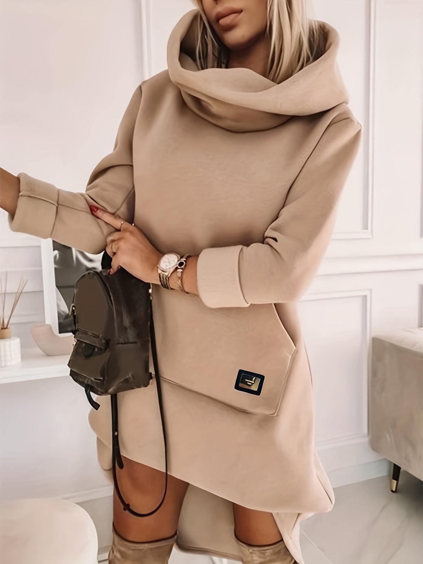 Hooded Solid Sweatshirt Dress, Casual Long Sleeve Kangaroo Pocket Midi Dress, Women's Clothing