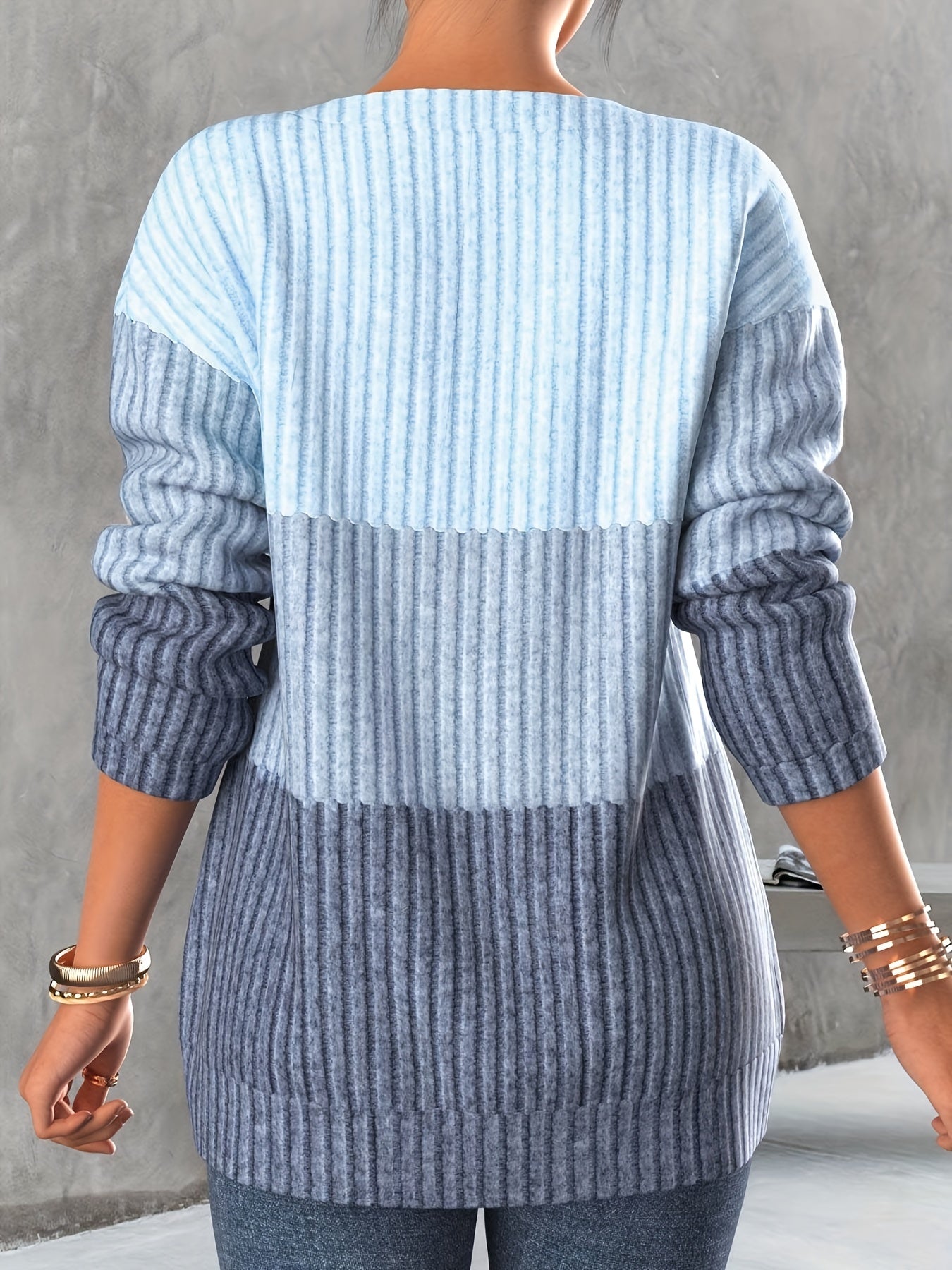 Plus Size Casual Sweatshirt, Women's Plus Colorblock Ribbed Knit Half Zipper Long Sleeve Round Neck Pullover Top