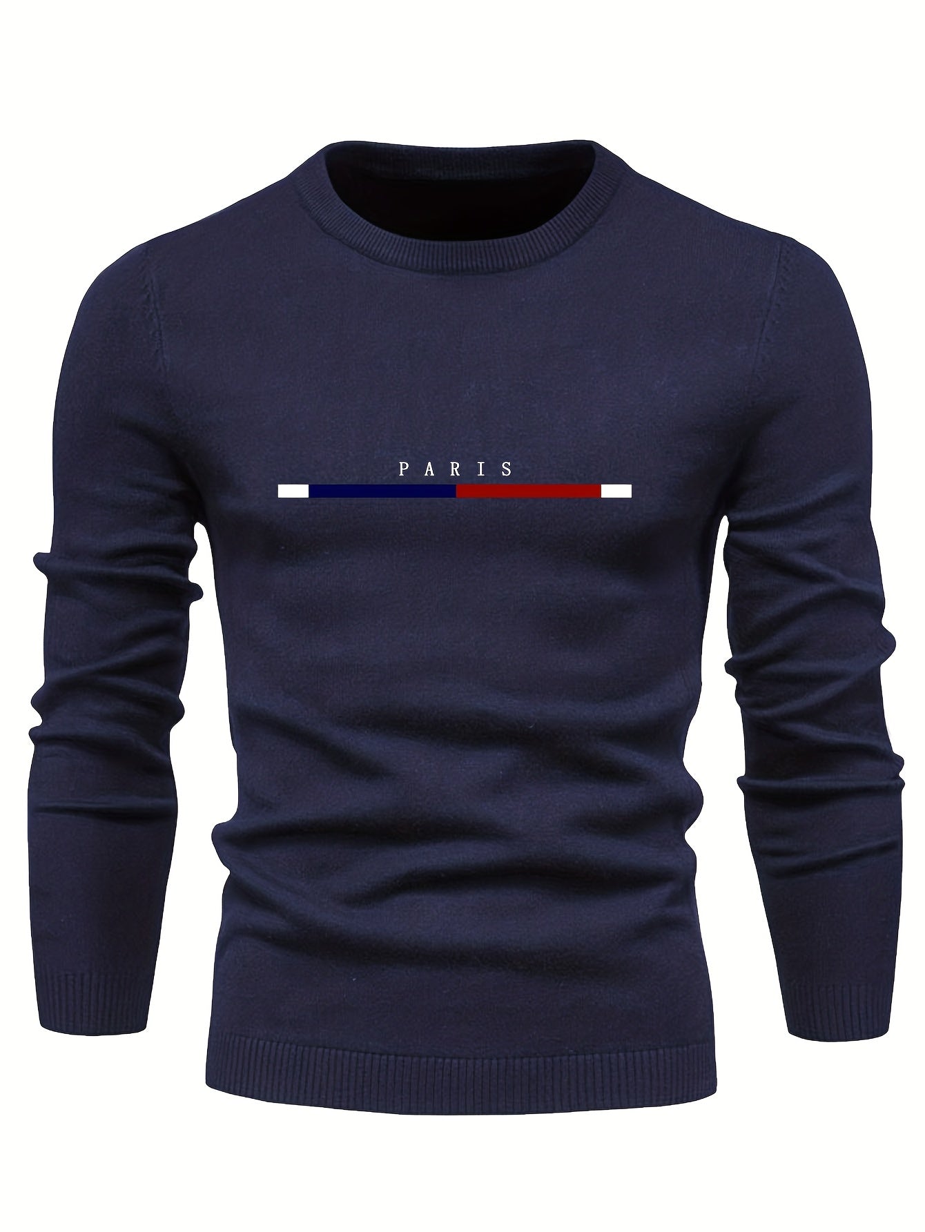 All Match Knitted PARIS Pattern Sweater, Men's Casual Warm Mid Stretch Crew Neck Pullover Sweater For Men Fall Winter