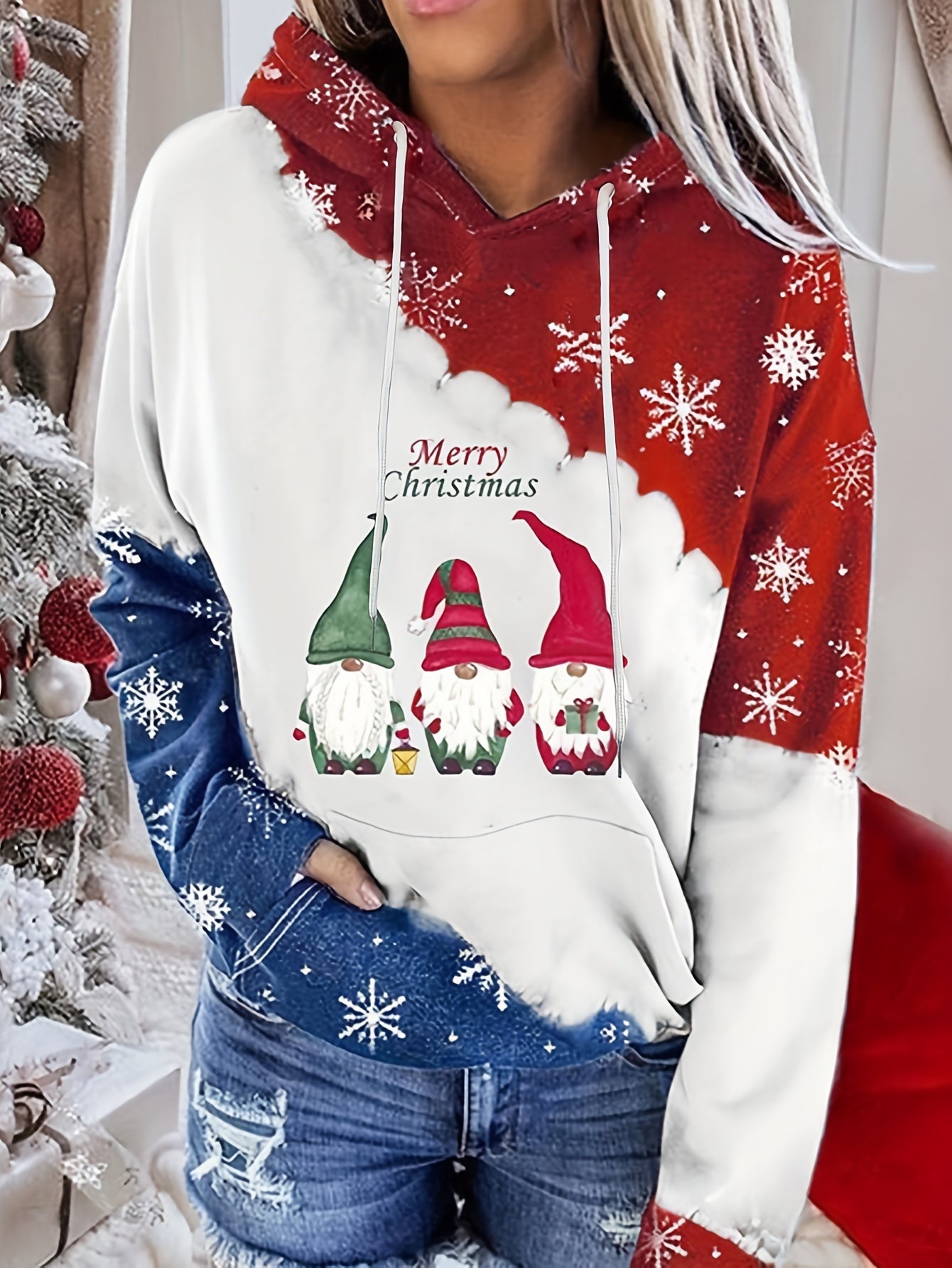 Christmas Tree Print Kangaroo Pocket Hoodie, Casual Long Sleeve Drawstring Hoodies Sweatshirt, Women's Clothing