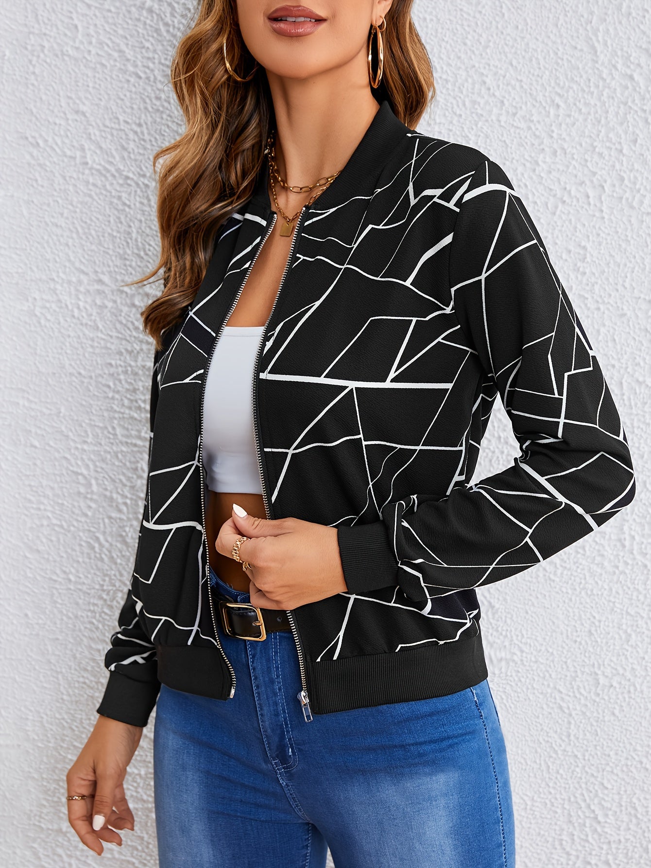 Geo Print Zipper Front Jacket, Casual Long Sleeve Jacket For Spring & Fall, Women's Clothing