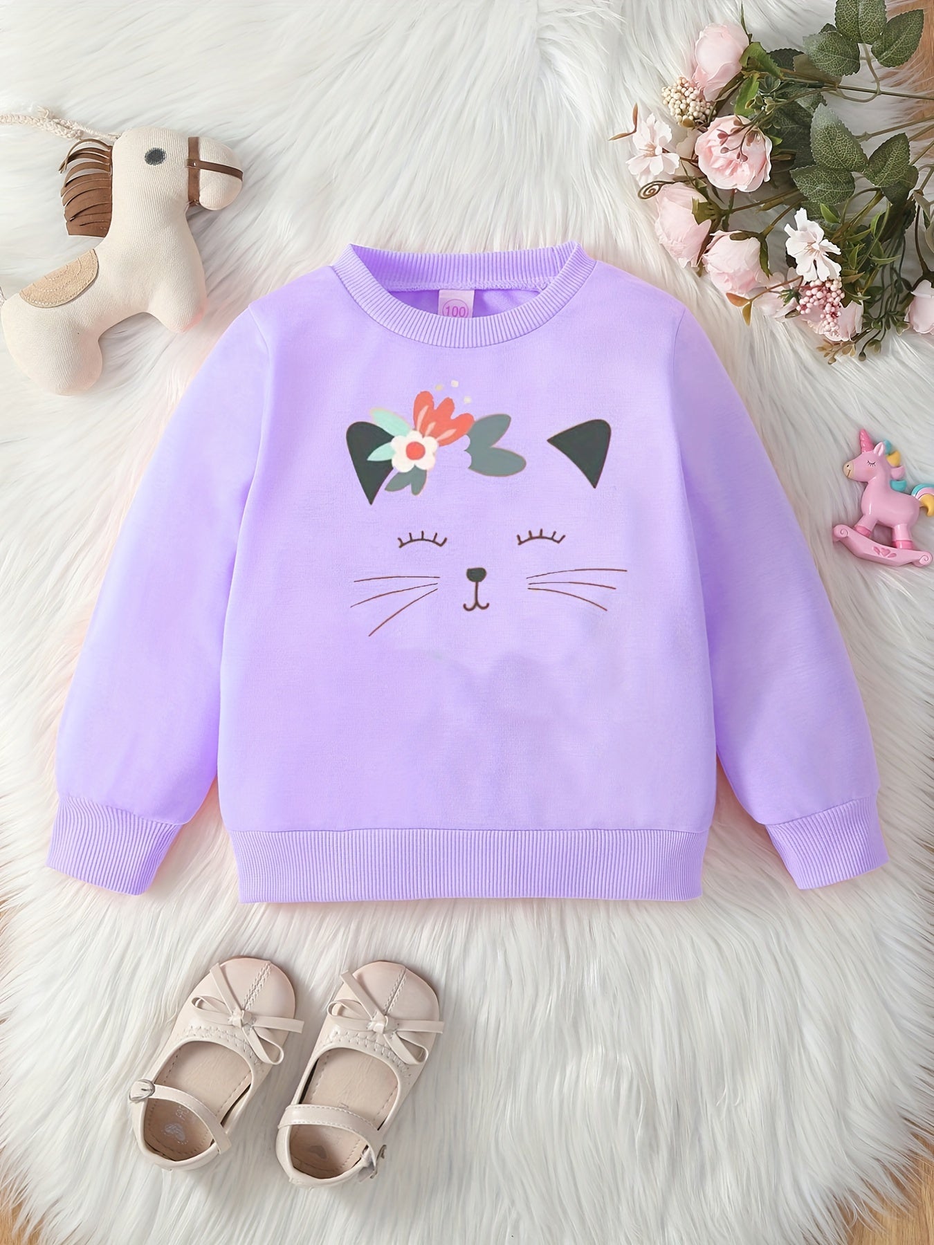 Kid's Cartoon Floral Pattern Sweatshirt, Casual Long Sleeve Top, Toddler Girl's Clothes For Spring Fall