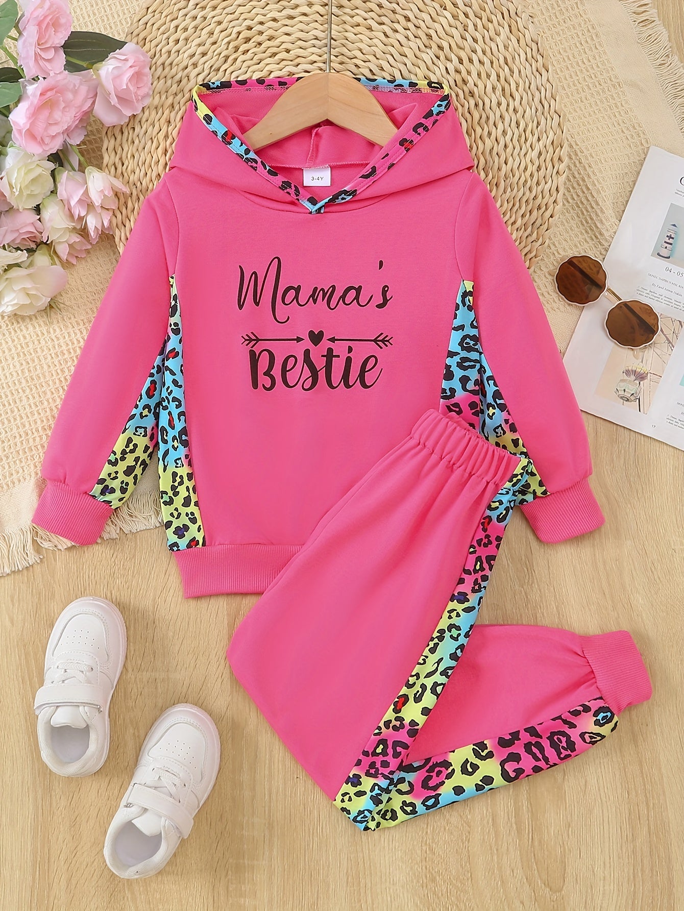 Leopard Pattern Toddler Girl's 2pcs, Hoodie & Sweatpants Set, MAMA'S BESTIE Print Casual Outfits, Kids Clothes For Spring Fall