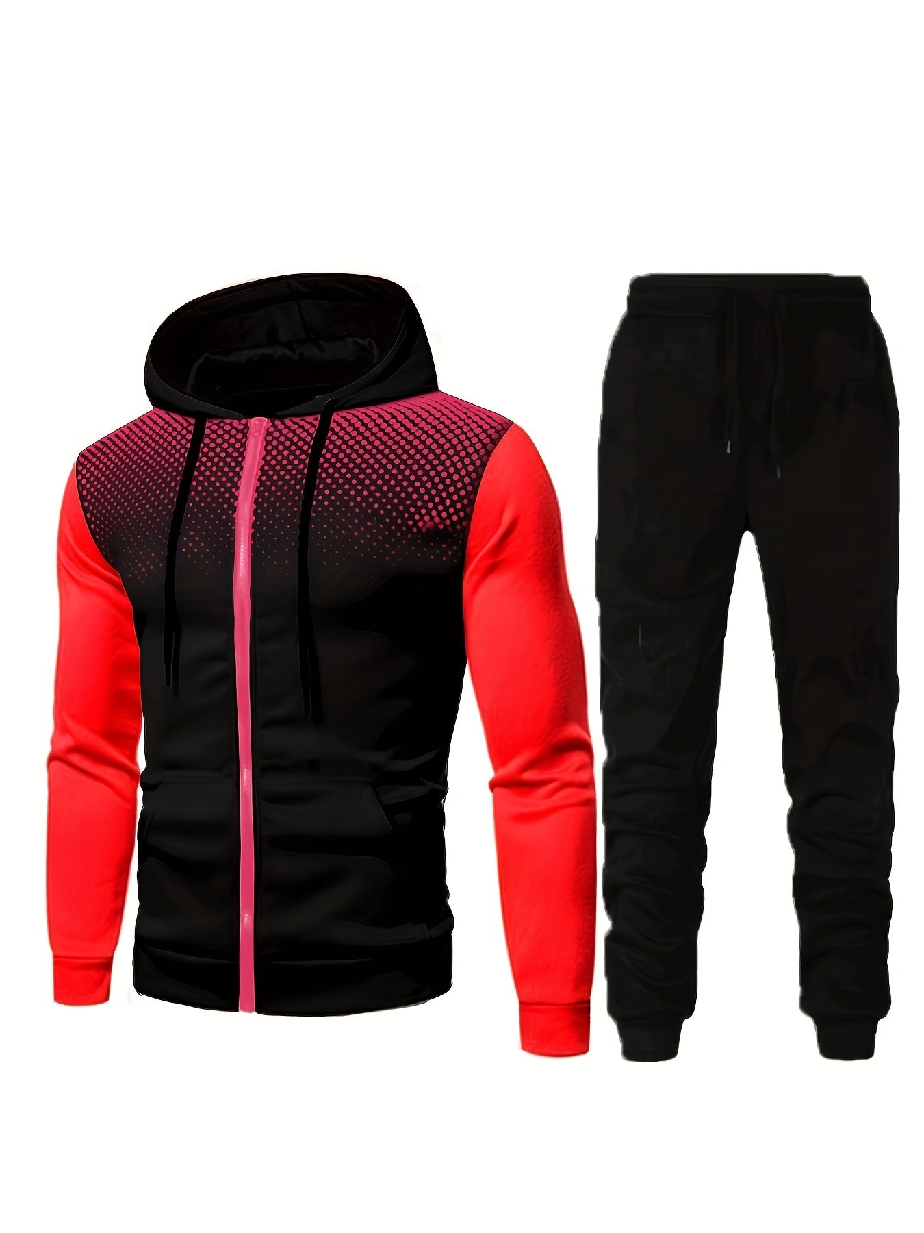 Casual Two Piece Set, Men's Graphic Zip Up Hooded Athletic Jacket & Drawstring Joggers Matching Set For Spring Fall Fitness Outdoor Activities