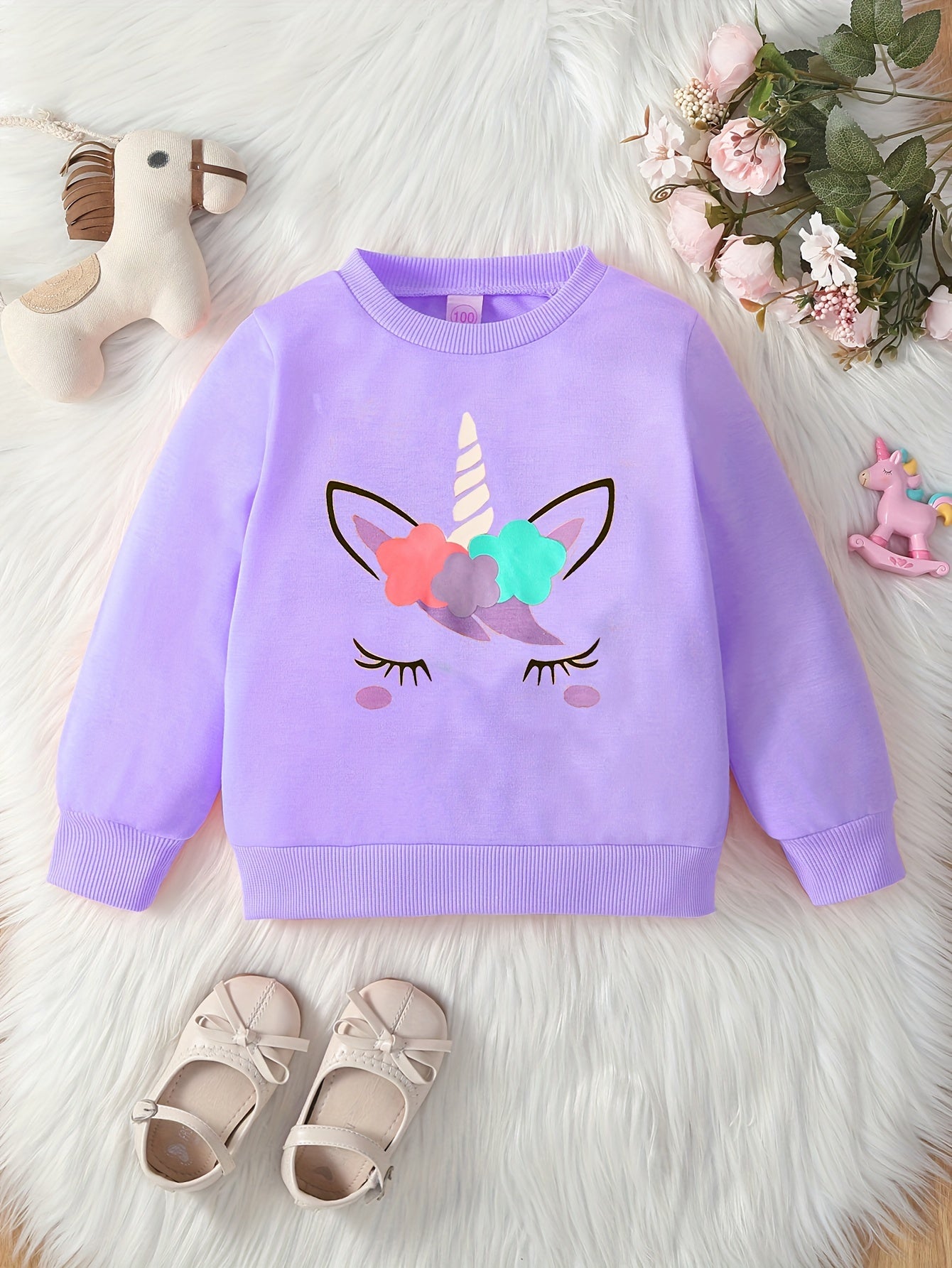 Kid's Cartoon Floral Pattern Sweatshirt, Casual Long Sleeve Top, Toddler Girl's Clothes For Spring Fall