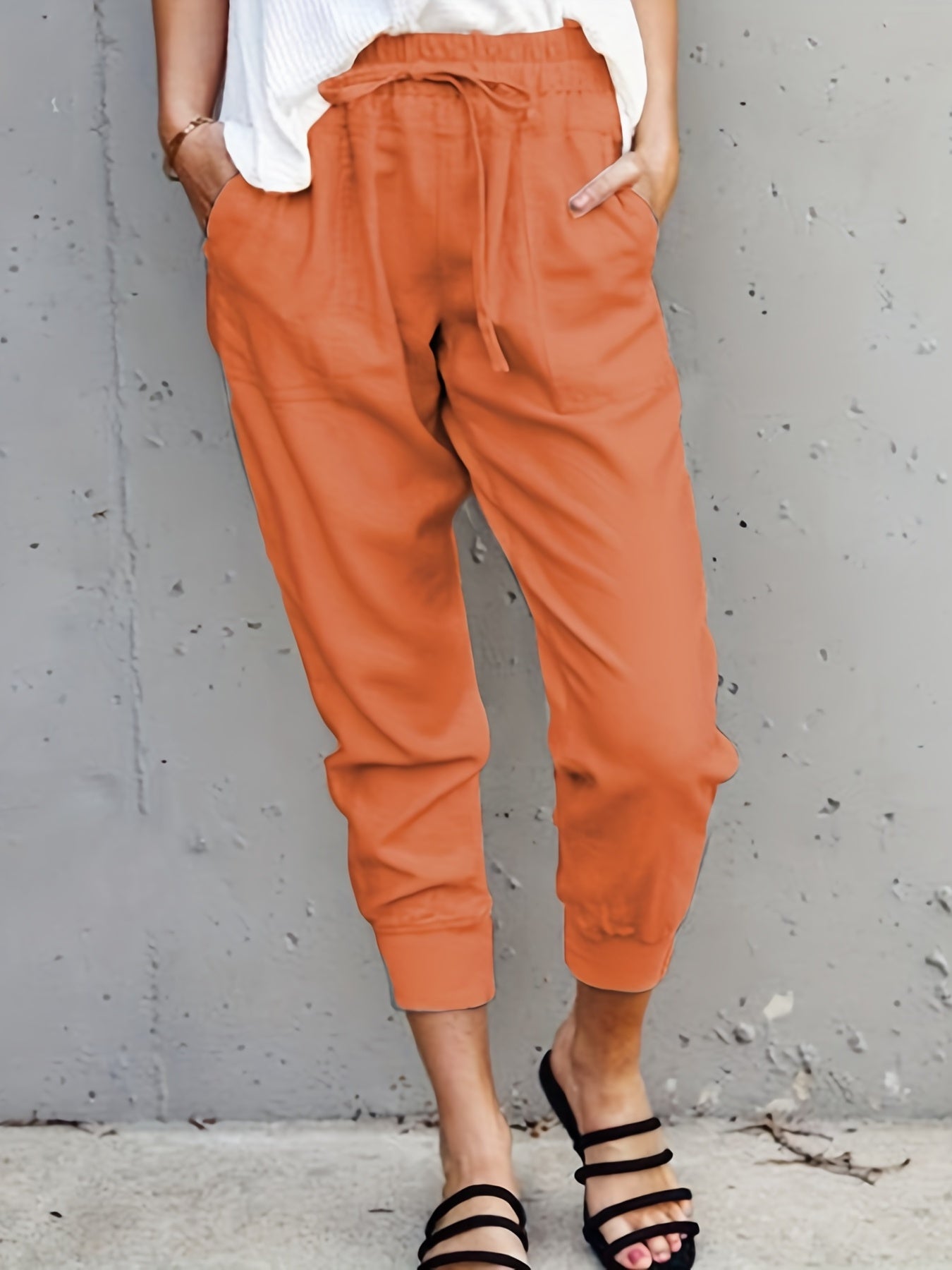 Minimalist Drawstring Waist Pants, Solid Casual Pants For Spring & Summer, Women's Clothing