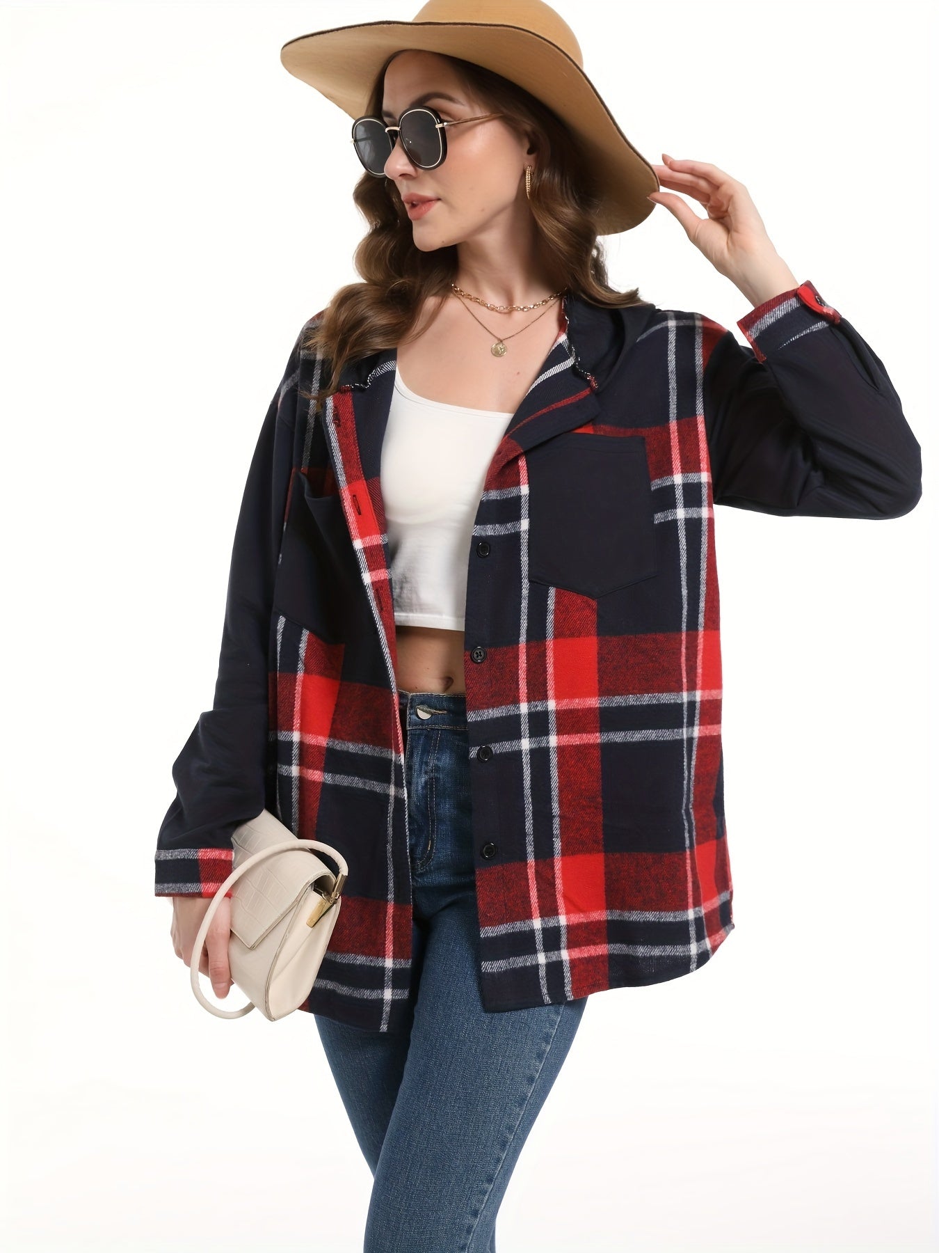 Plaid Print Hooded Jacket, Casual Button Front Long Sleeve Outerwear, Women's Clothing