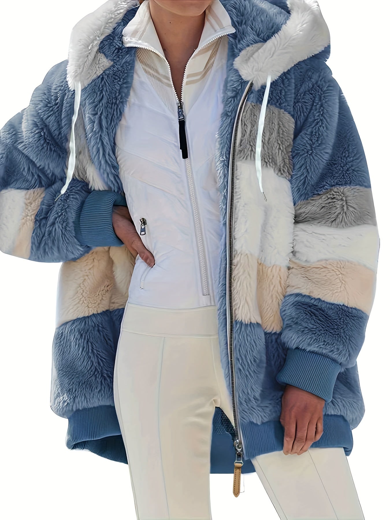 Plus Size Casual Coat, Women's Plus Colorblock Plush Zip Up Long Sleeve Drawstring Hooded Coat