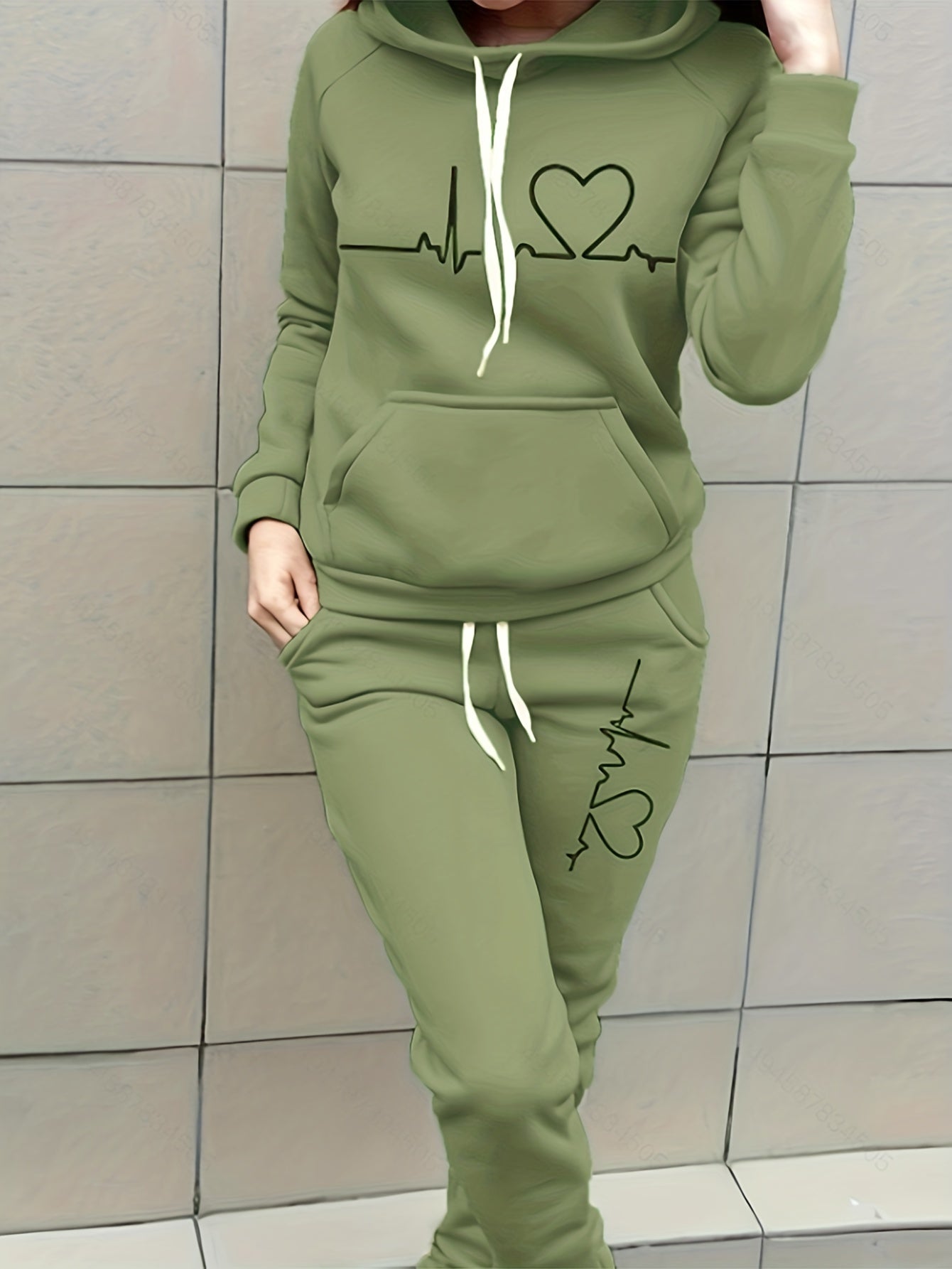 Women's 2 Pc Set, Heart & ECG Print Thermal Lined Hooded Top & Pants Set, Women's Clothing