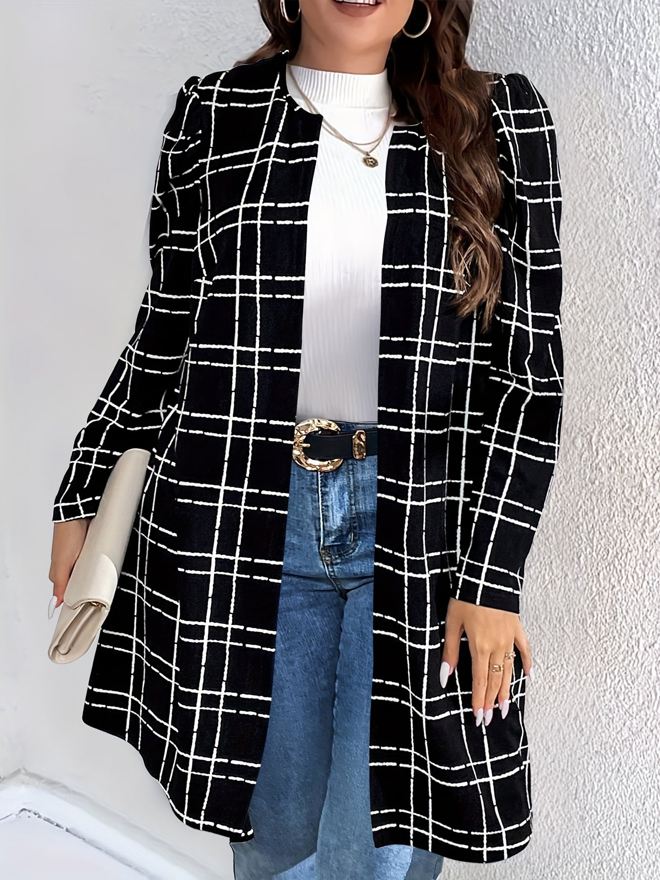 Plus Size Casual Coat, Women's Plus Grid Print Long Sleeve Open Front Round Neck Tunic Coat