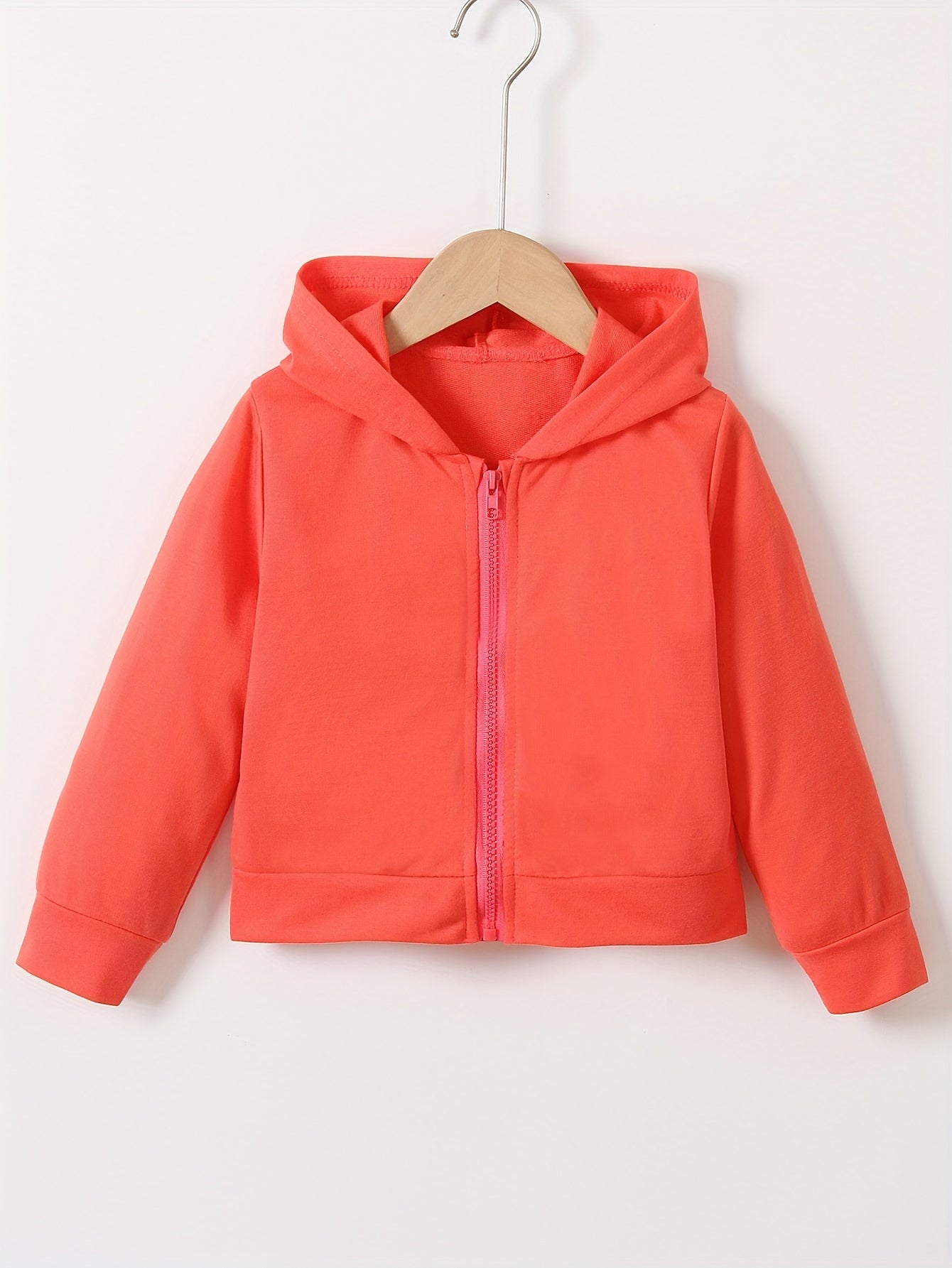 Girls Plain Color Hooded Jacket Zipper Casual Long Sleeve Cardigan For Kids 4-7 Years Old