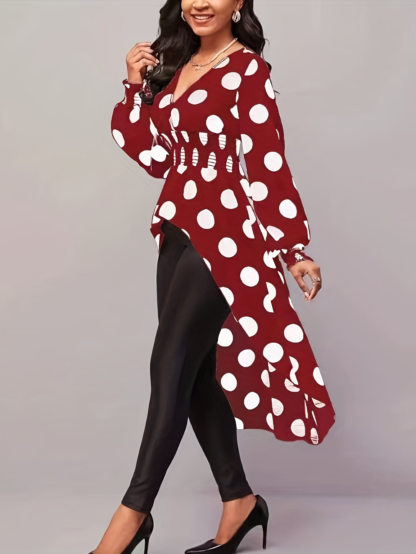 Asymmetrical Polka Dot Blouse, Long Sleeve V-neck Blouse, Casual Every Day Tops, Women's Clothing