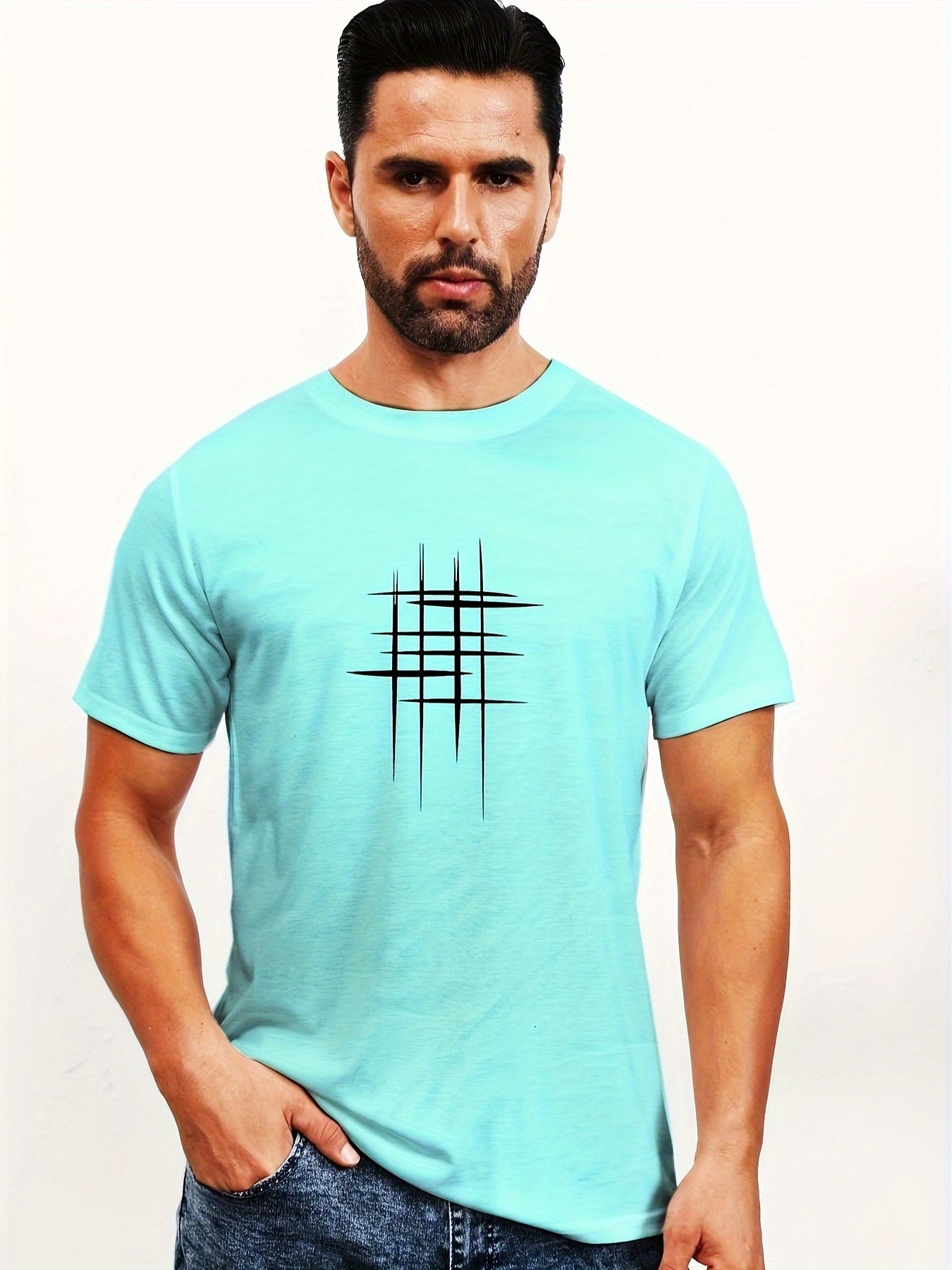 Line Cross Men's T-shirt For Summer Outdoor, Casual Slightly Stretch Crew Neck Tee Short Sleeve Graphic Stylish Clothing