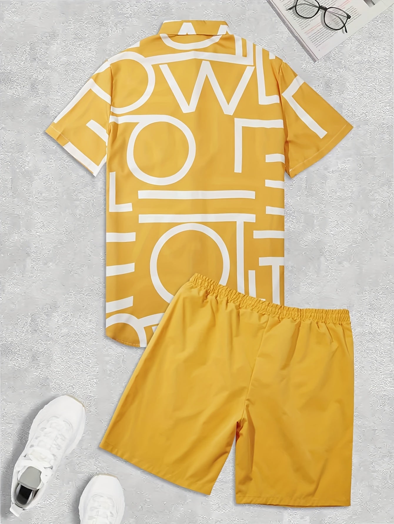 2pcs, Letter Print Everywhere Men's Summer Short Sleeve Button Up Shirt And Shorts Set