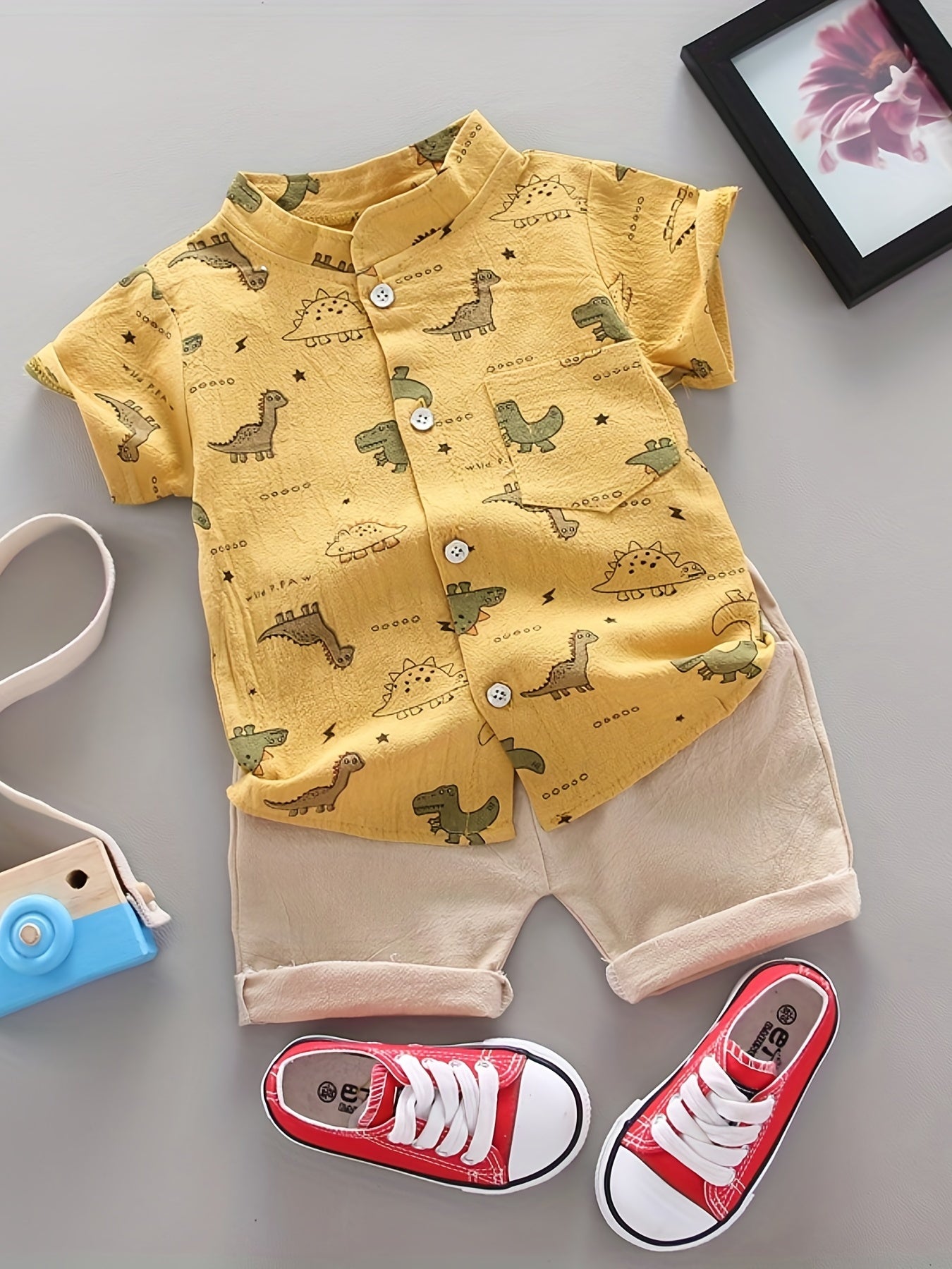 Cute Summer Outfit For Boys: 2pcs Cartoon Print Shirt & Elastic Waist Shorts Set