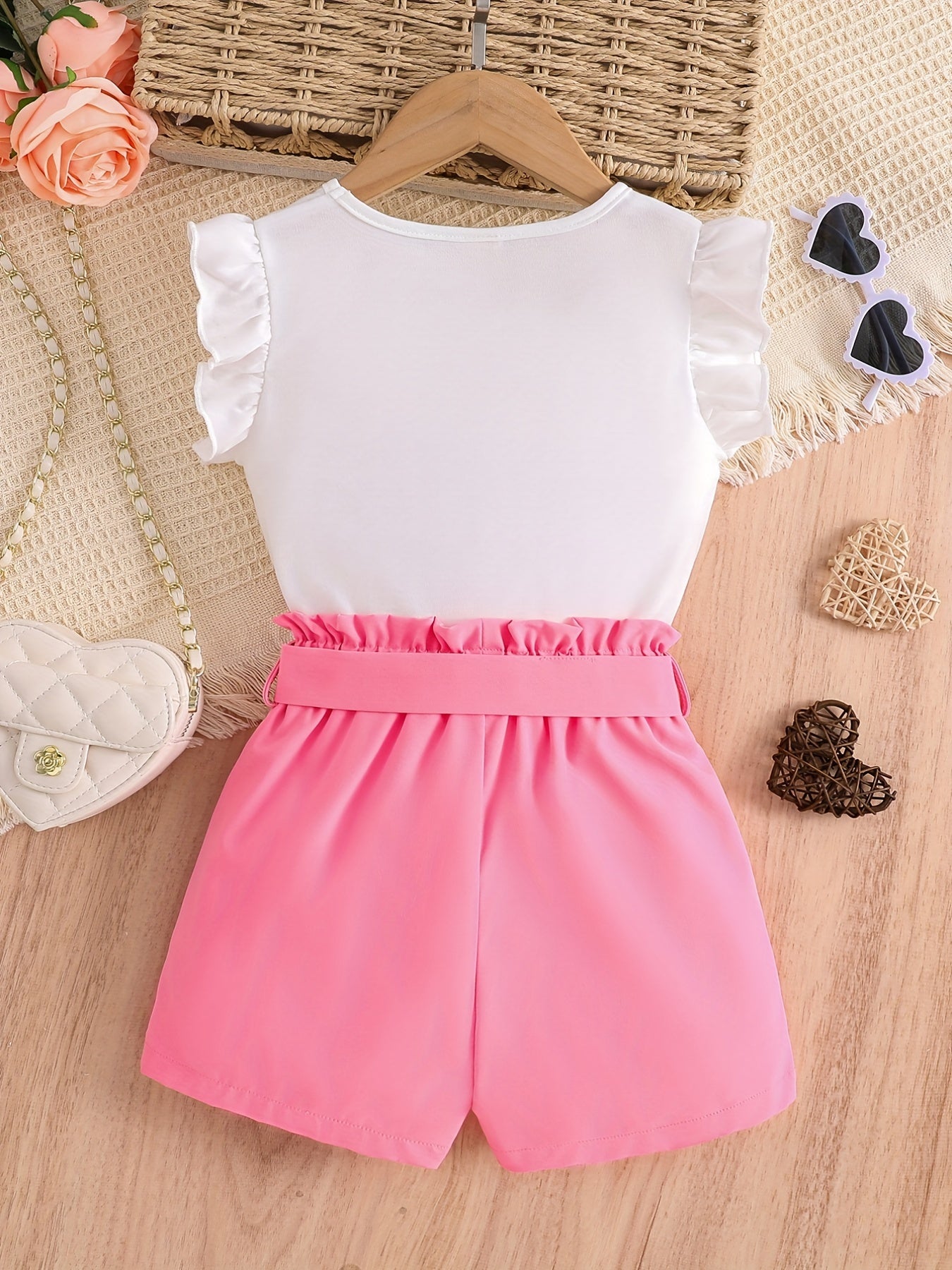 2pcs Girls Daily Casual Heart Print Crew Neck Sleeveless Top & Bow Shorts With Belt For Summer Kids Clothes