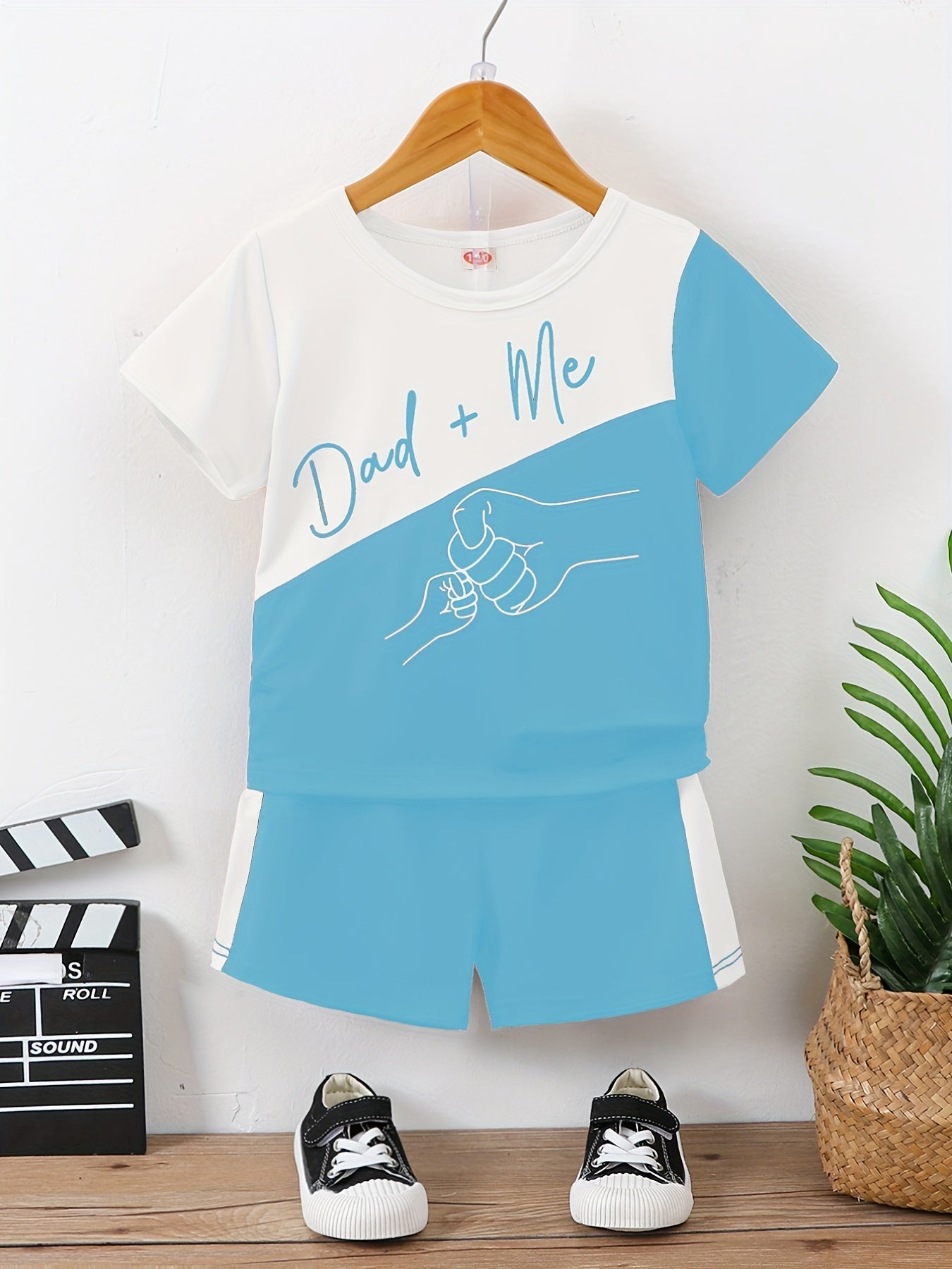 Boys "Daddy + Me" Fists Print Color Block Casual Outfit Round Neck T-shirt & Shorts Kids Summer Clothes Sets